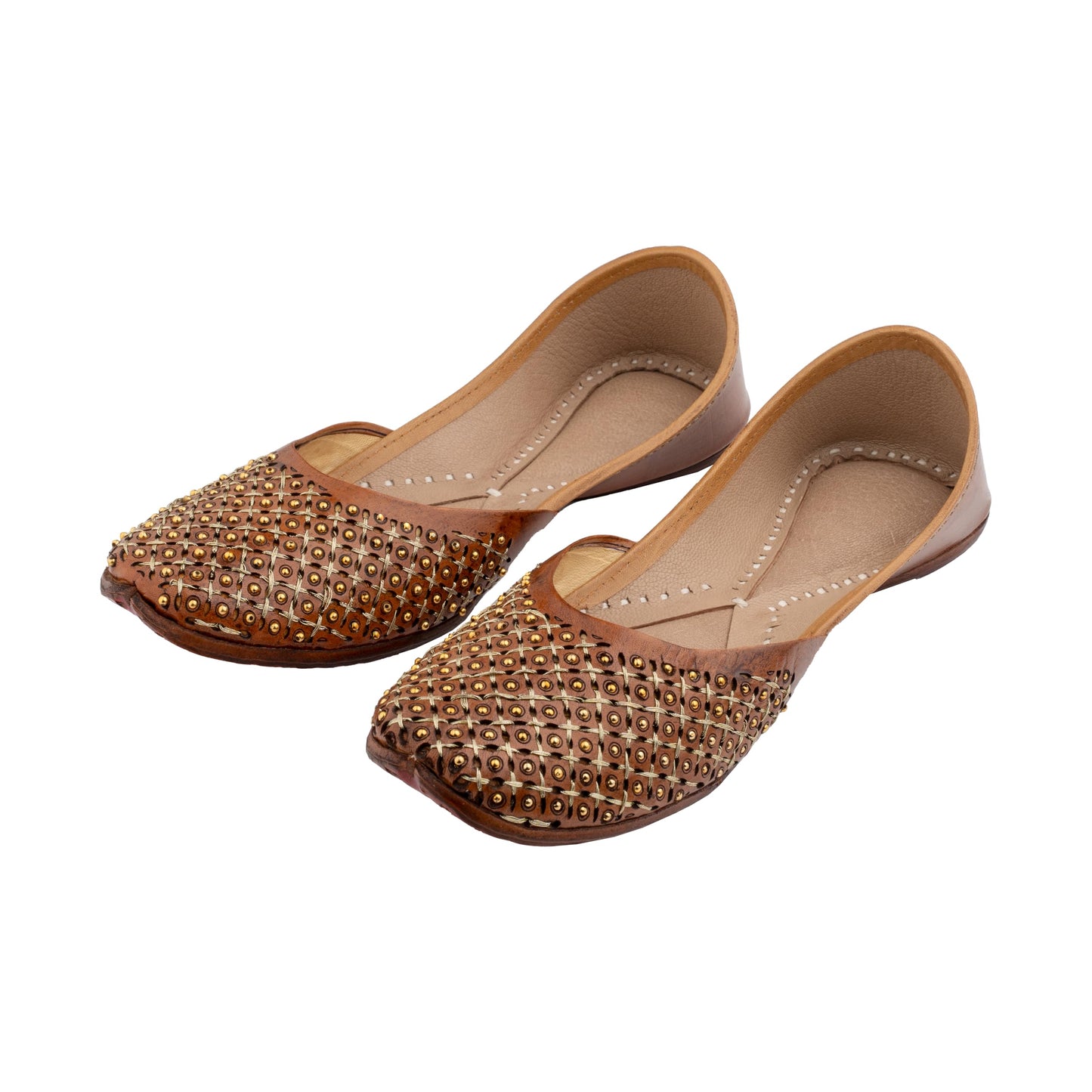 KORAKARI Women's Traditional Ethnic Amber Punjabi Jutti, Leather Flat Comfortable Mojaris for Girls (Size: UK3, Tan)
