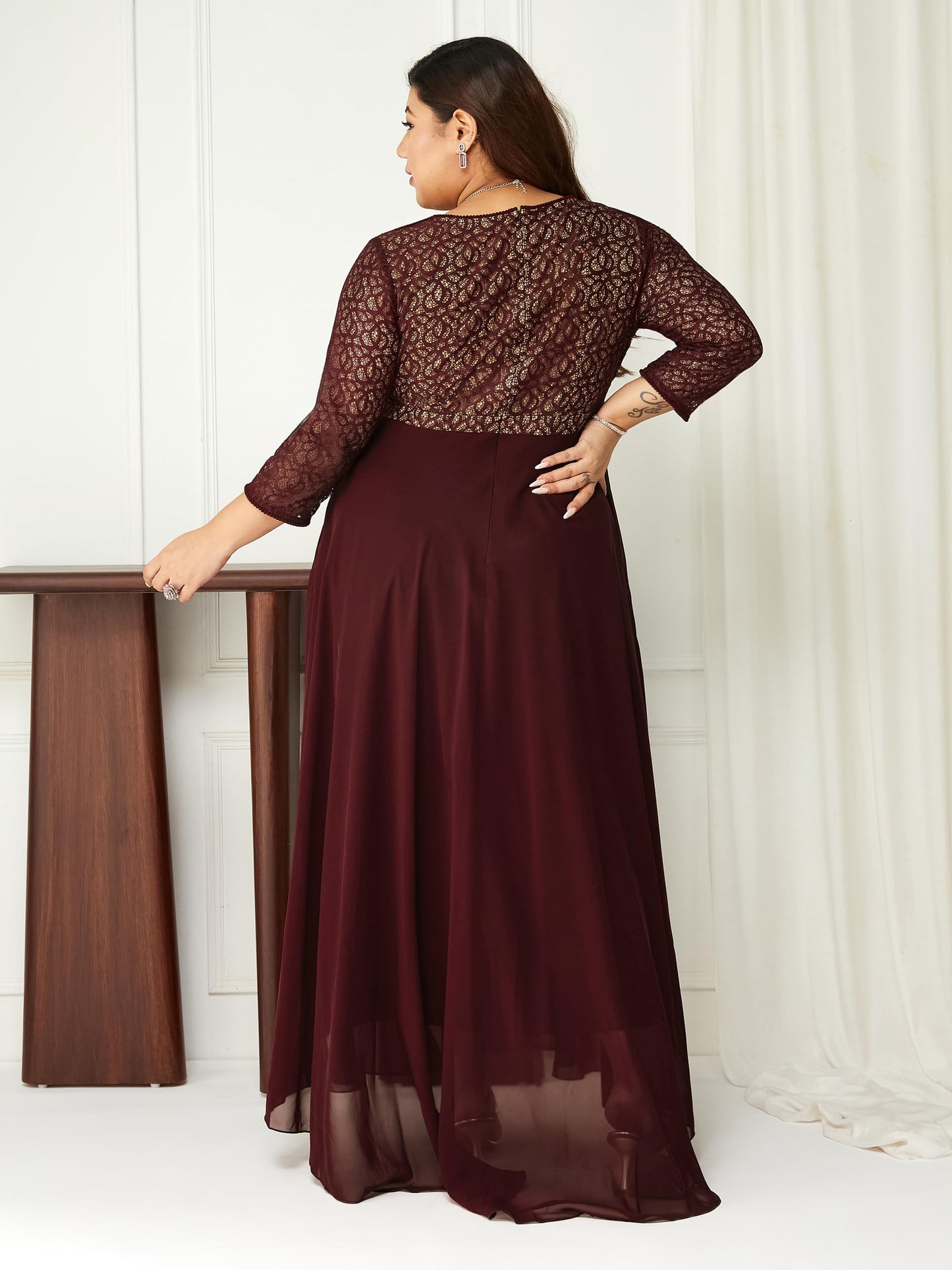 Miss Chase A+ Women's V-Neck 3/4 Sleeve Floral Wrap Maxi Dress (APSS21D14-67-758-08, Mulberry Wine, 3XL)