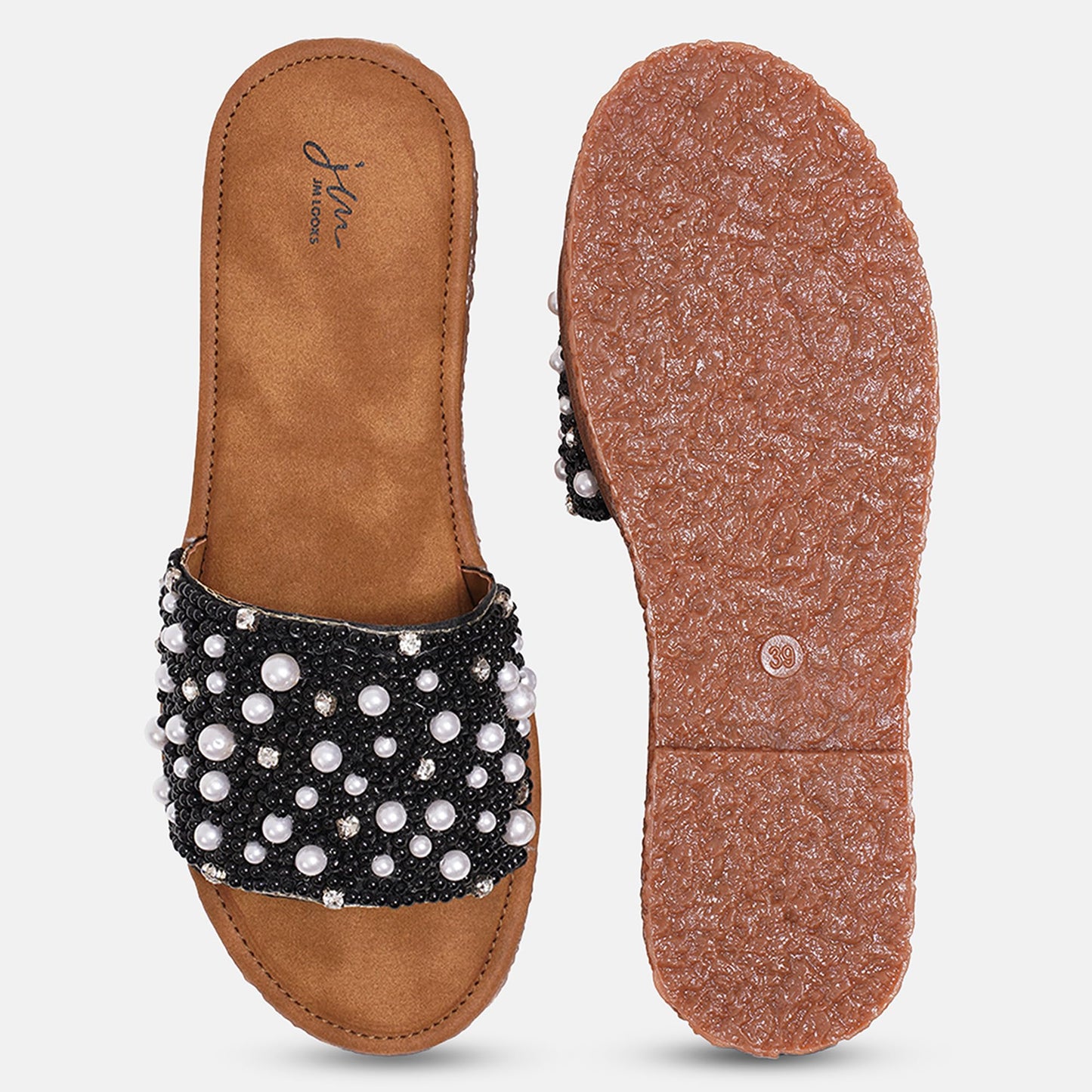 JM LOOKS Women & Girls Embllished Pearl Slide Flats Sandal Stylish Slippers for Daily Use Festival & Casualwear