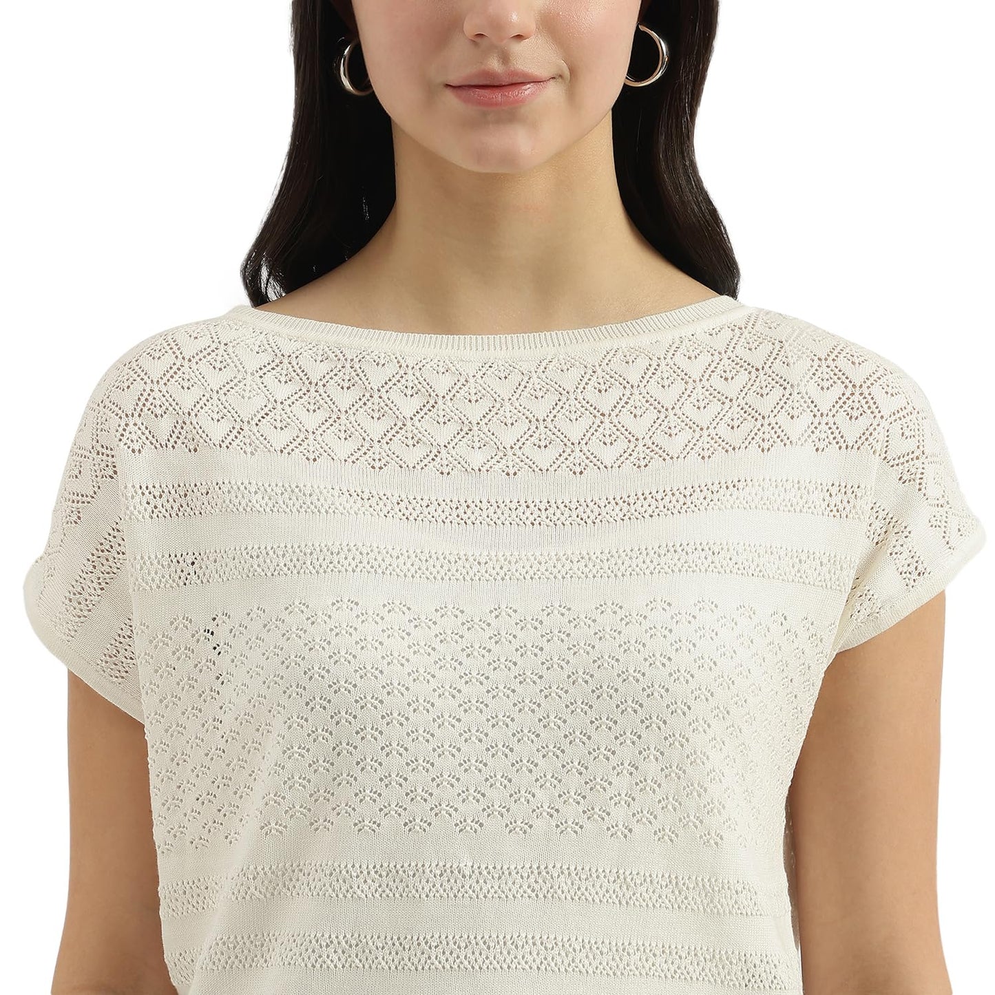 United Colors of Benetton Boat Neck Textured Top (Size: M)-25P1194D10AGG074 Cream
