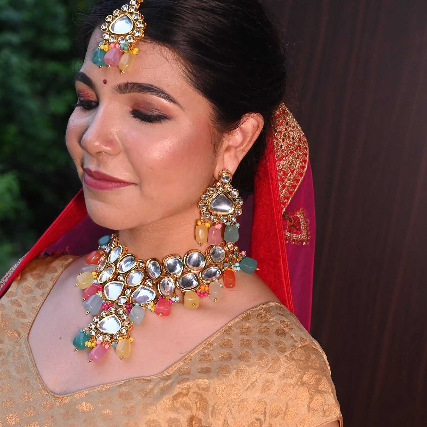 Lucky Jewellery Back Meenakari 18k Gold Plated MultiColor Tika Earring Combo Jewellery Set Uncut Kundan Big Faux Kundan Choker Necklace Set For Girl's & Women (2935-M6SK-1674-MT)