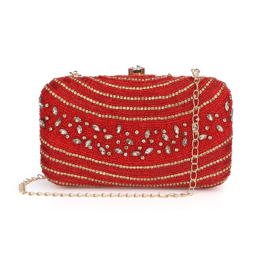The Clownfish Emerald Collection Womens Party Clutch Ladies Wallet Evening Bag with Fashionable Round Corners Beads Work Floral Design (Red)