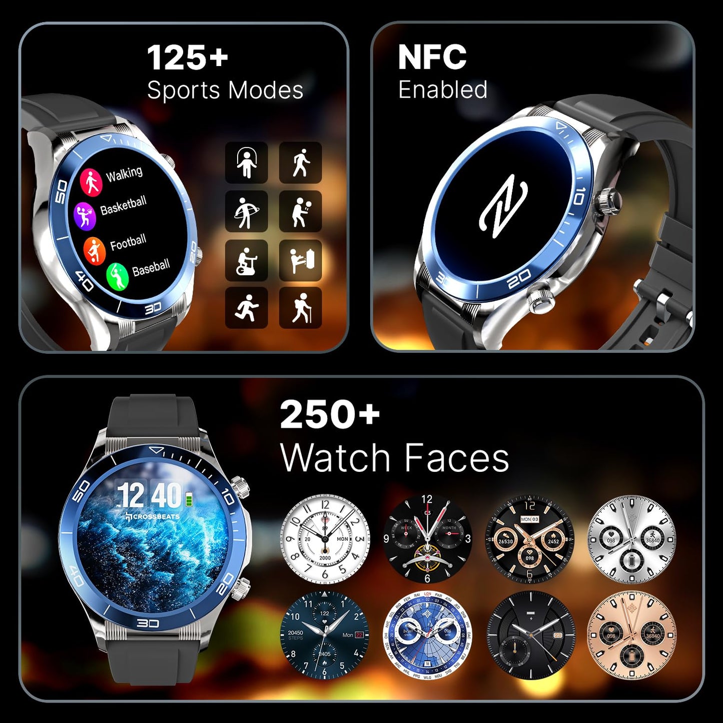 CrossBeats Monarch 1.43” UHD Infinite Display Smartwatch| Advanced Bluetooth Calling| 700 Nits| 125+Sports Modes| Spo2 Tracking| 360 * 360 Pixels (Round Silicone - Blue)