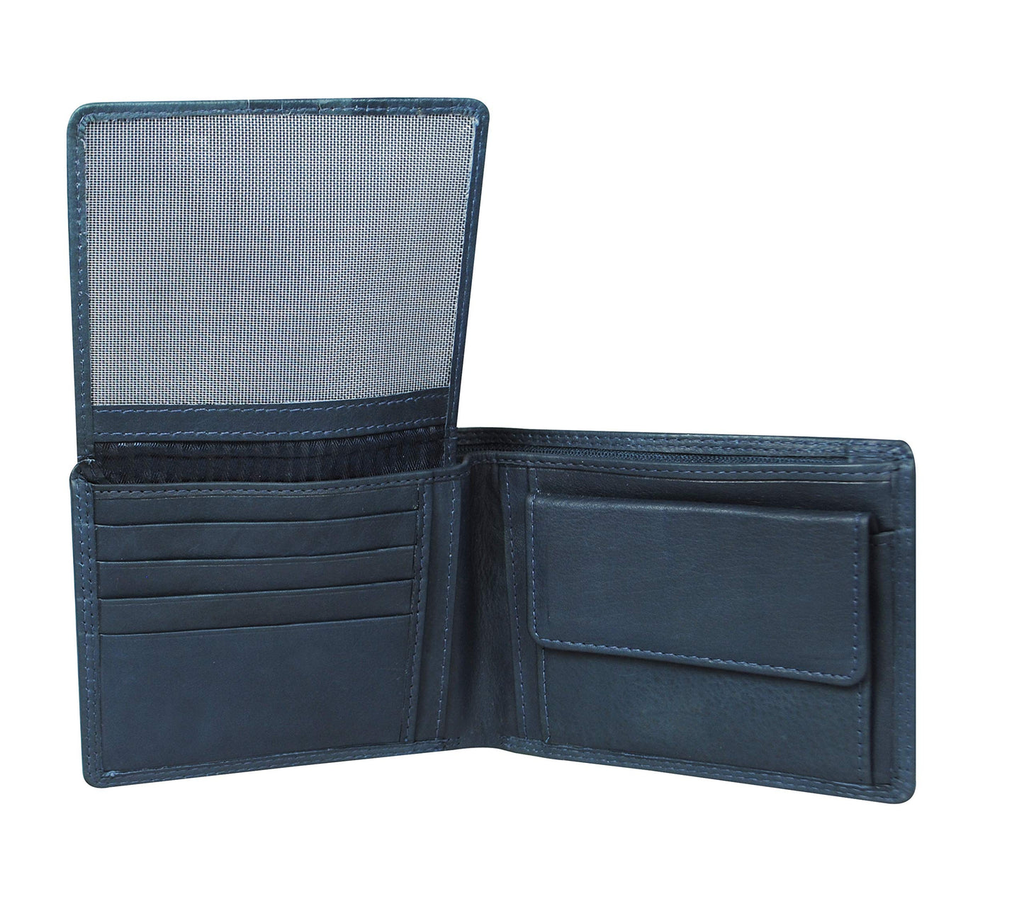Calfnero Men's Genuine Leather Bifold Wallet-Multiple Card Slots ID Window with Coin Pocket-Navy Leather Wallet
