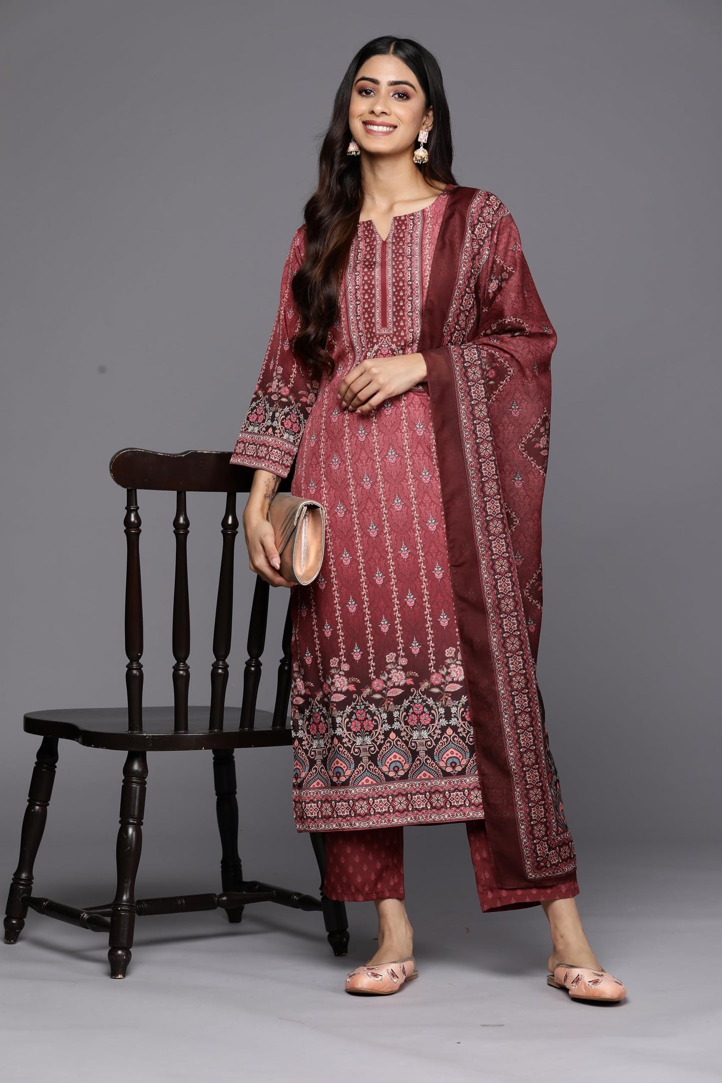 Libas Womens Printed Crepe Straight Kurta With Trousers and Dupatta