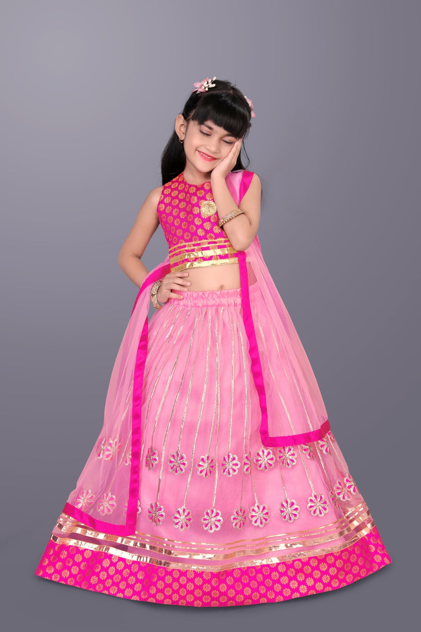 satyamfab Girls Ready to Wear Lehenga Choli Set – Elegant Jacquard Blouse, Embroidery Ribbon Work Lehenga & Gota Lace Net Dupatta9-10 Years