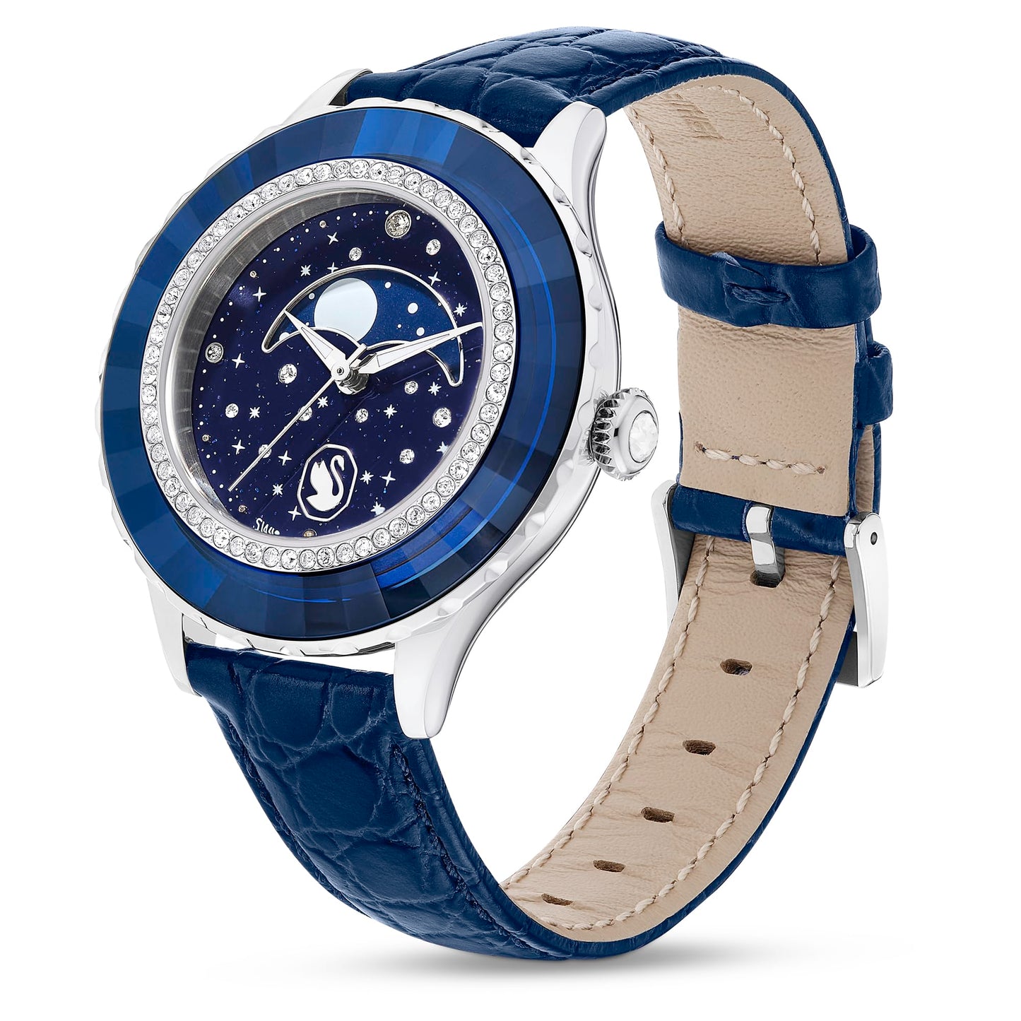 Swarovski Women's Octea Moon Analog Watch - Swiss Made, Blue Leather Strap, Blue Dial and Finish, One Size