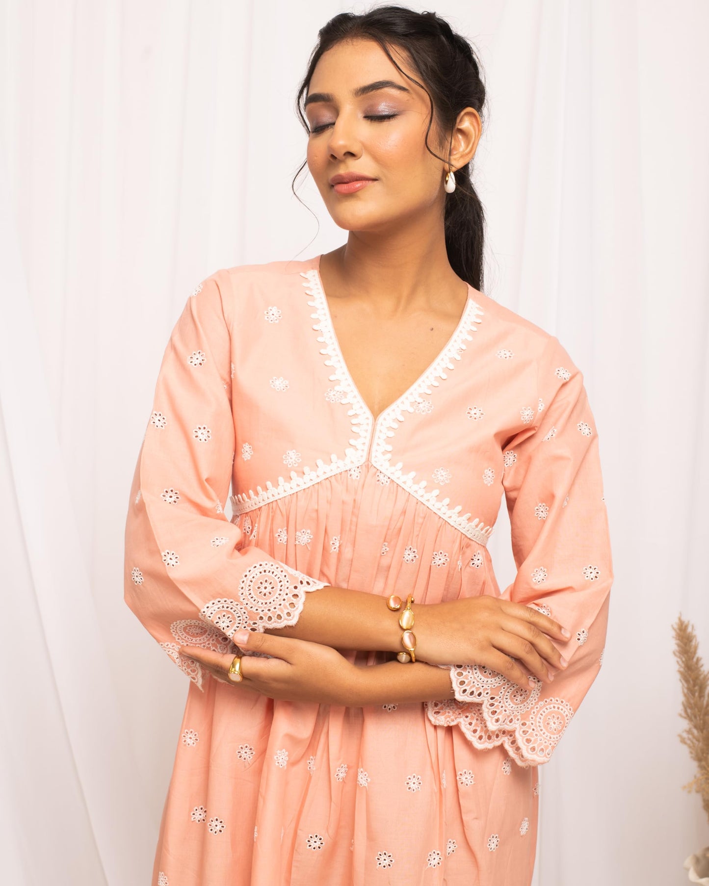 FIORRA Women's Peach Schiffli Work Cotton Skater Dress DR0007