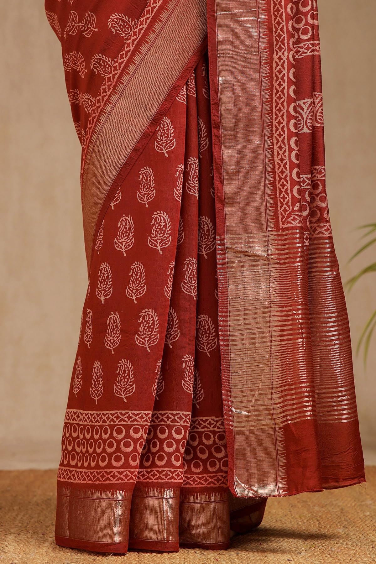Soch Womens Rust Viscose Block Print Saree