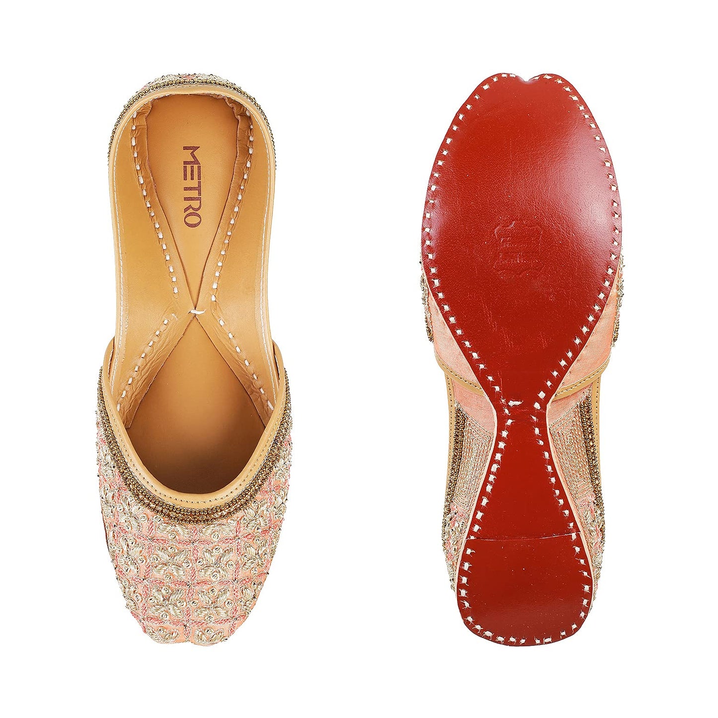 Metro Womens Beaded Peach Mojaris (Size (3 UK (36 EU))