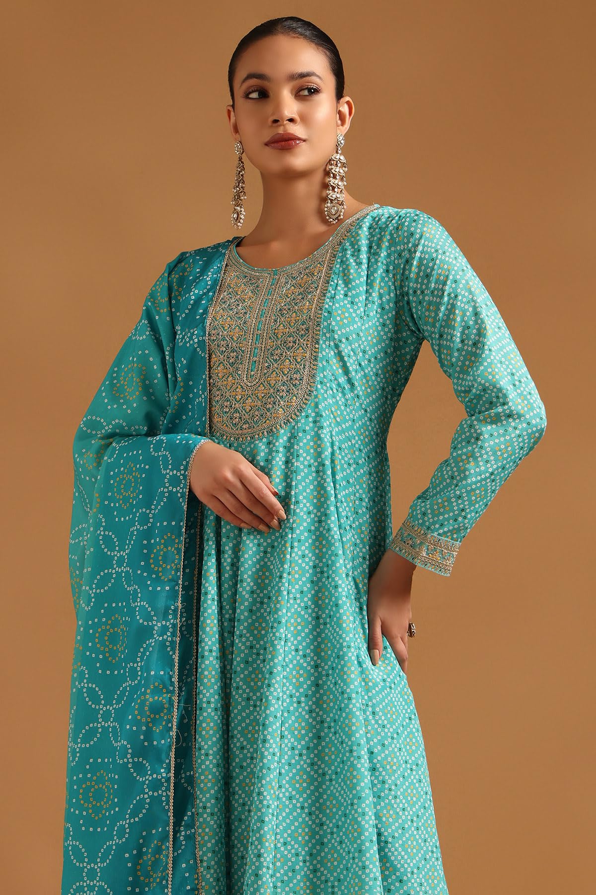 Soch Womens Blue Polyester Bandhani Salwar Suit With Sequins