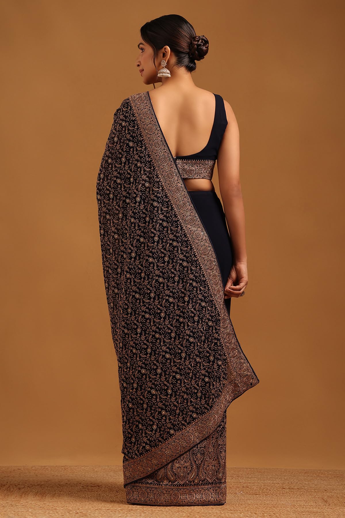 Soch Womens Navy Blue Georgette Botanical Saree With Stone Work