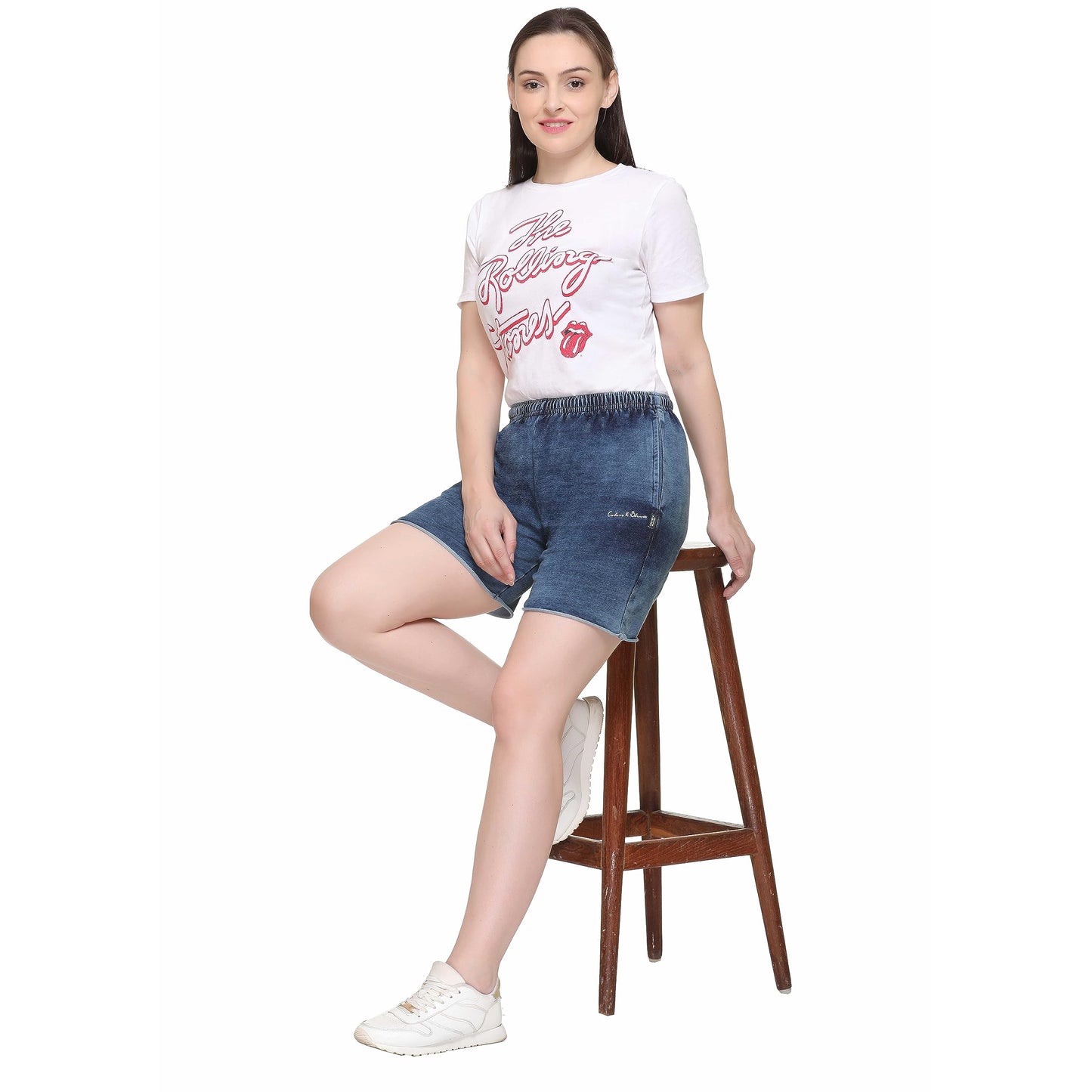 Colors & Blends - Women's Indigo Lycra - Knitted Denim Shorts (SG-01 : Size - S)