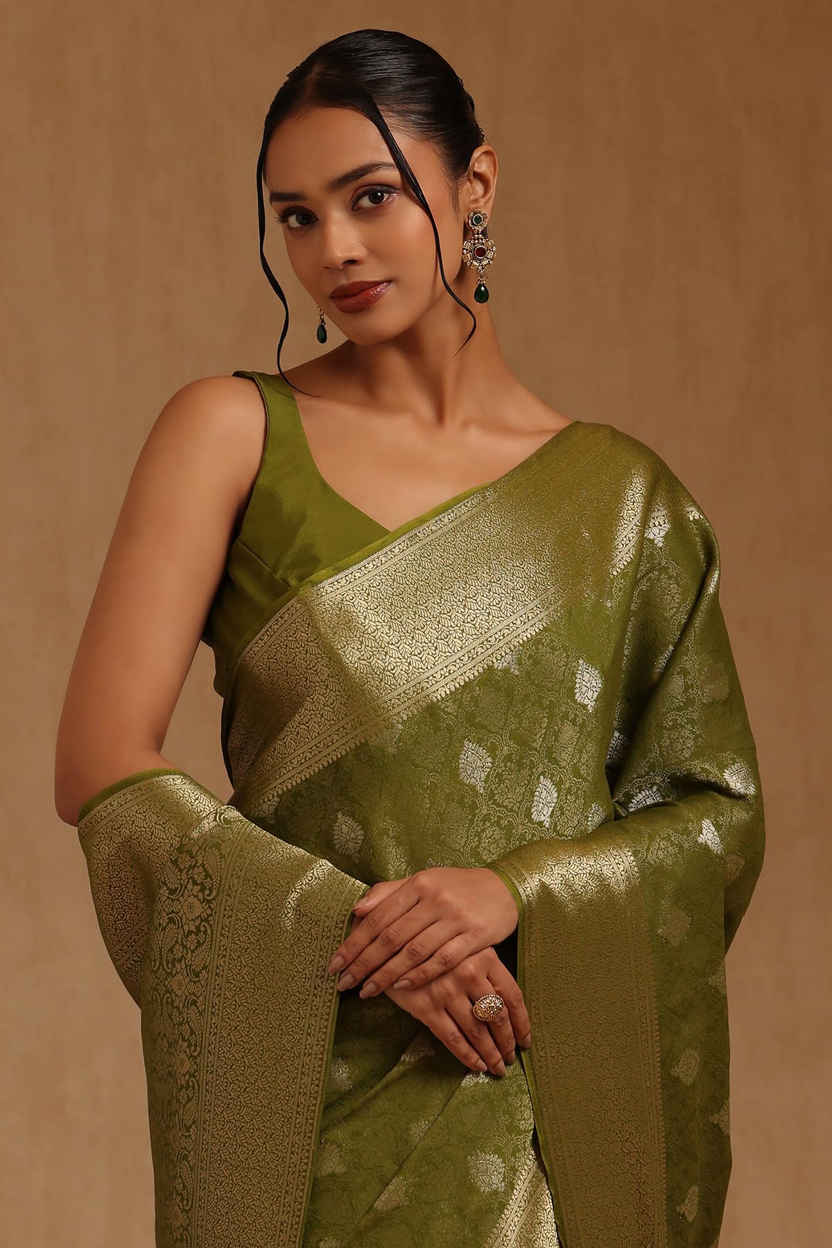 Soch Womens Olive Georgette Ethnic Motifs Zari Woven Saree