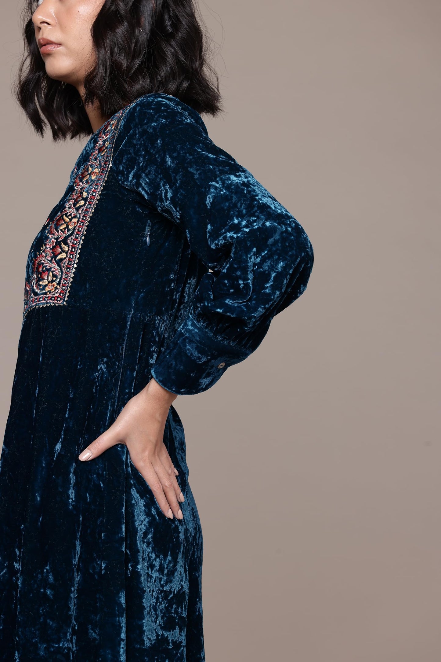 Aarke Ritu Kumar Teal Inara Velvet Midi Dress