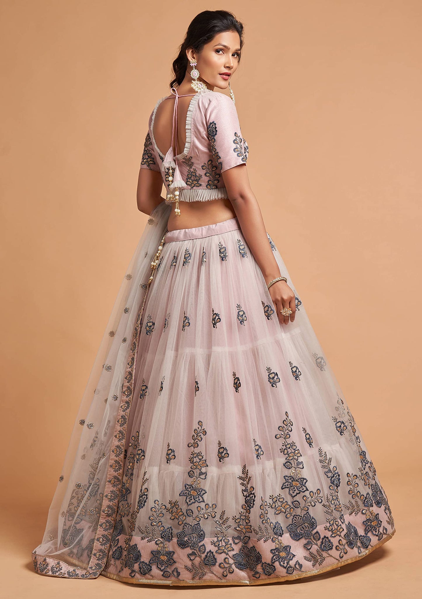 Zeel Clothing Women's Net Embroidered Semi-Stitched New Bridal Lehenga Choli with Dupatta (7307-Grey-Wedding-Girlish-Latest-Lehenga; Free Size)