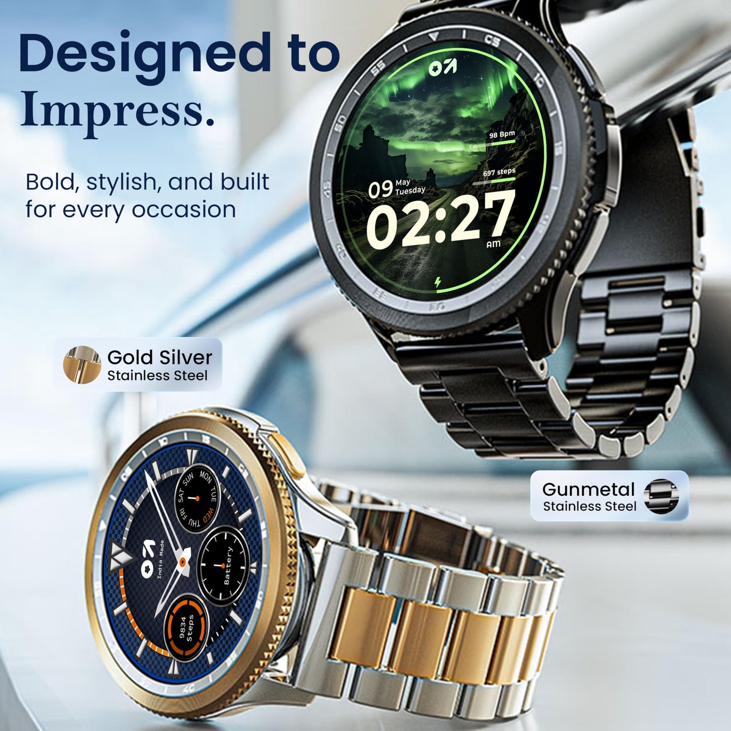 GOBOULT Newly Launched Pyro Smartwatch 1.43'' AMOLED Screen, BT Calling 5.3, 600 Nits Brightness, IP68, 150+ Watchfaces, 120+ Sports Modes, AI Voice Assistant, SpO2 Monitoring (Platinum Gold)