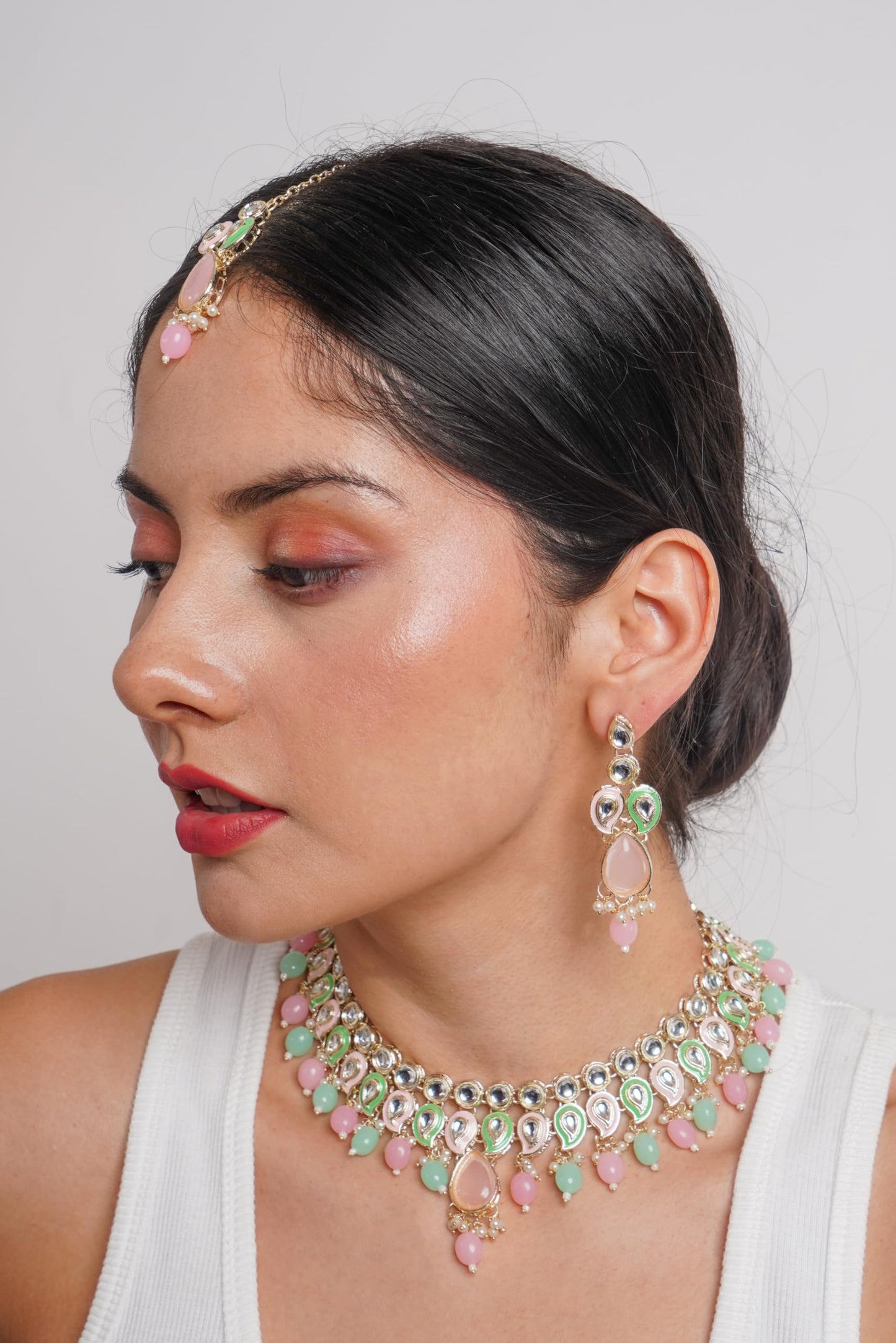 Divisha Fashion Jewelry Set - Indian Earrings, Necklace and Maangtika for Women, Pink Mint