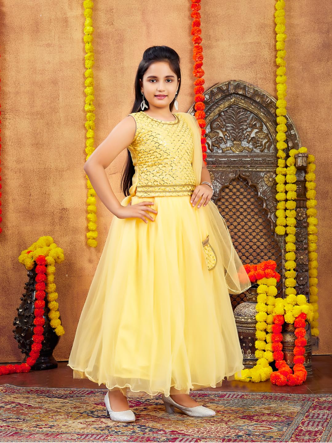 Aarika Girl's Polyester Lehenga Choli Set (LCH-18022_Yellow_12-13 Years)