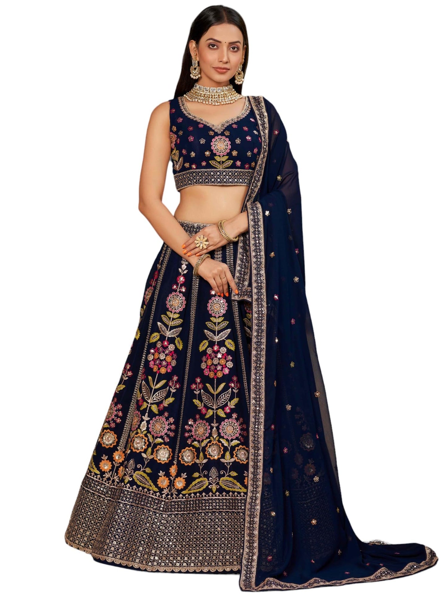 Zeel Clothing Women's Sequins Thread Embroidered Georgette Lehenga Choli with Dupatta (6008-Blue-Wedding-Stylish-New; Free Size)