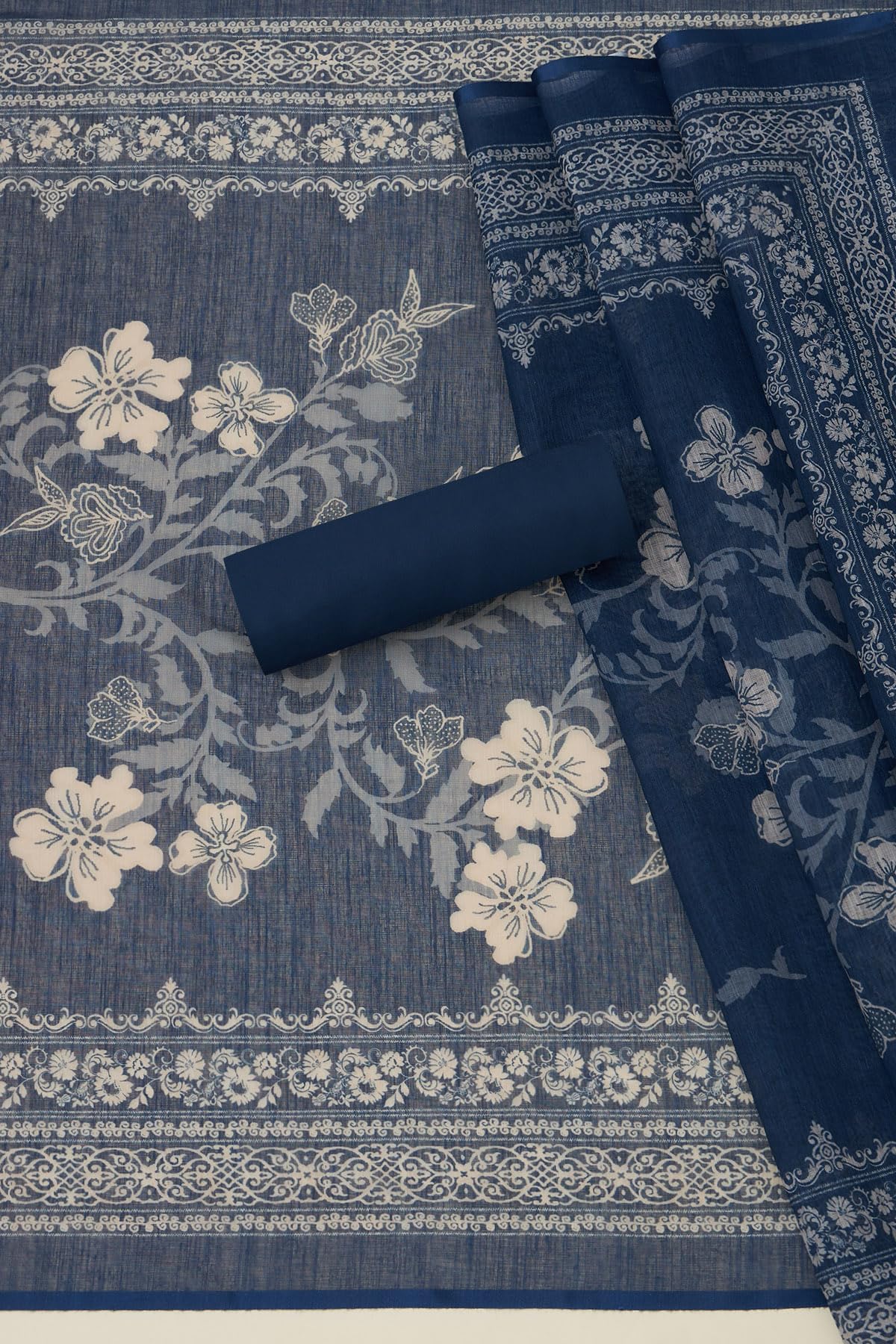 Soch Womens Navy Blue Linen Floral Print Unstitched Dress Material With Sequins