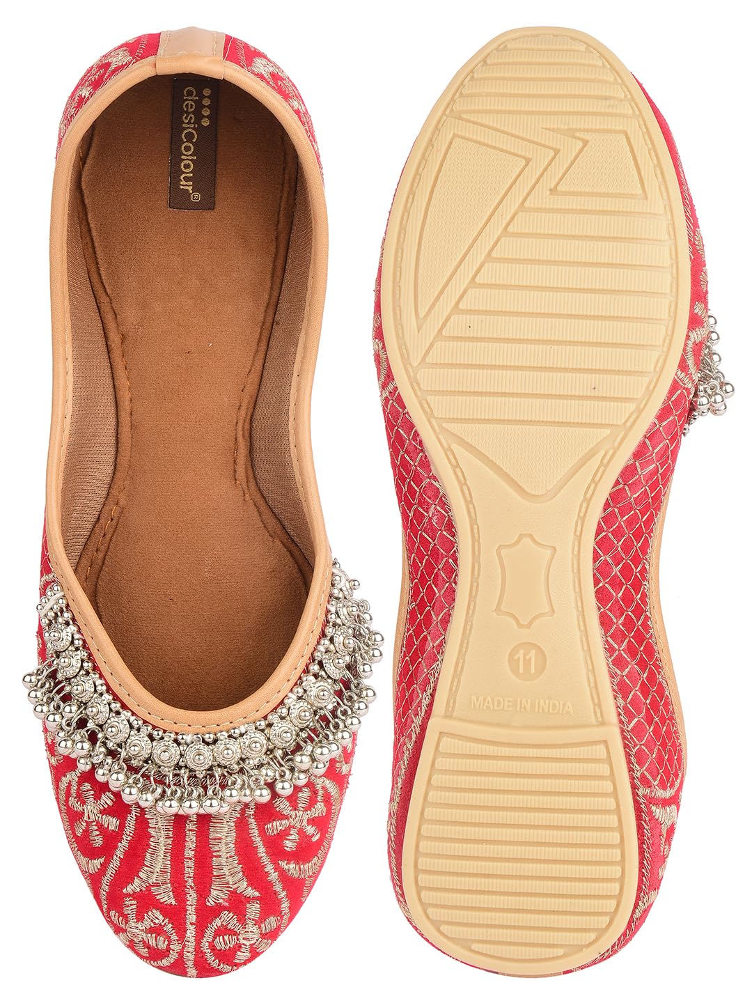 DESI COLOUR Flat Footwear/Mojari/Punjabi Jutti/Bellies for Women - Red Embroidered Gungroo (7)