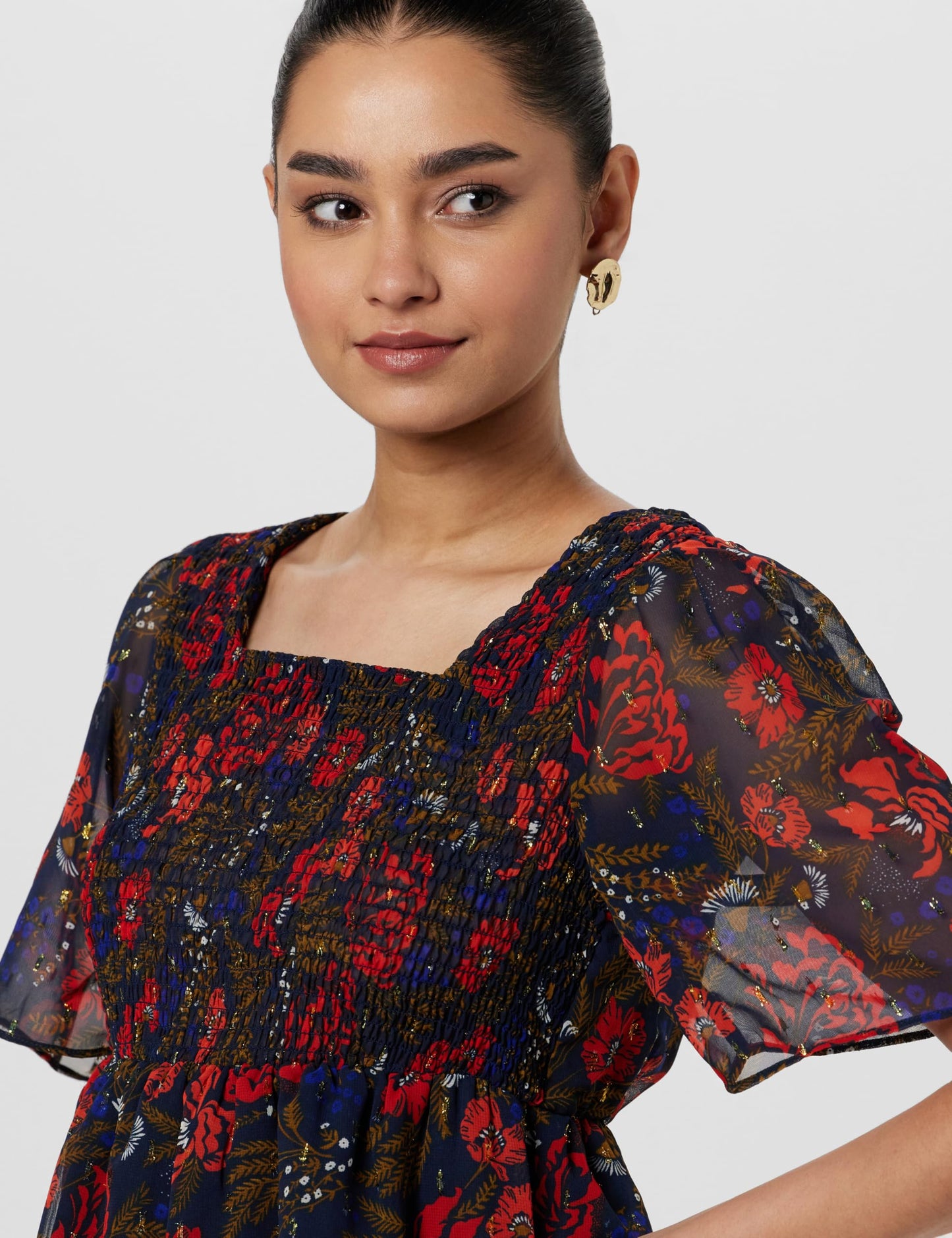 VERO MODA Women Floral Print Navy Polyester Peplum Top