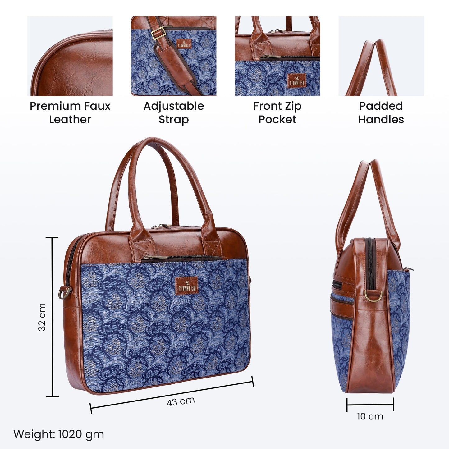 THE CLOWNFISH Deborah series 15.6 inch Laptop Bag For Women Tapestry Fabric & Faux Leather Office Bag Briefcase Messenger Sling Handbag Business Bag (Blue-Floral)