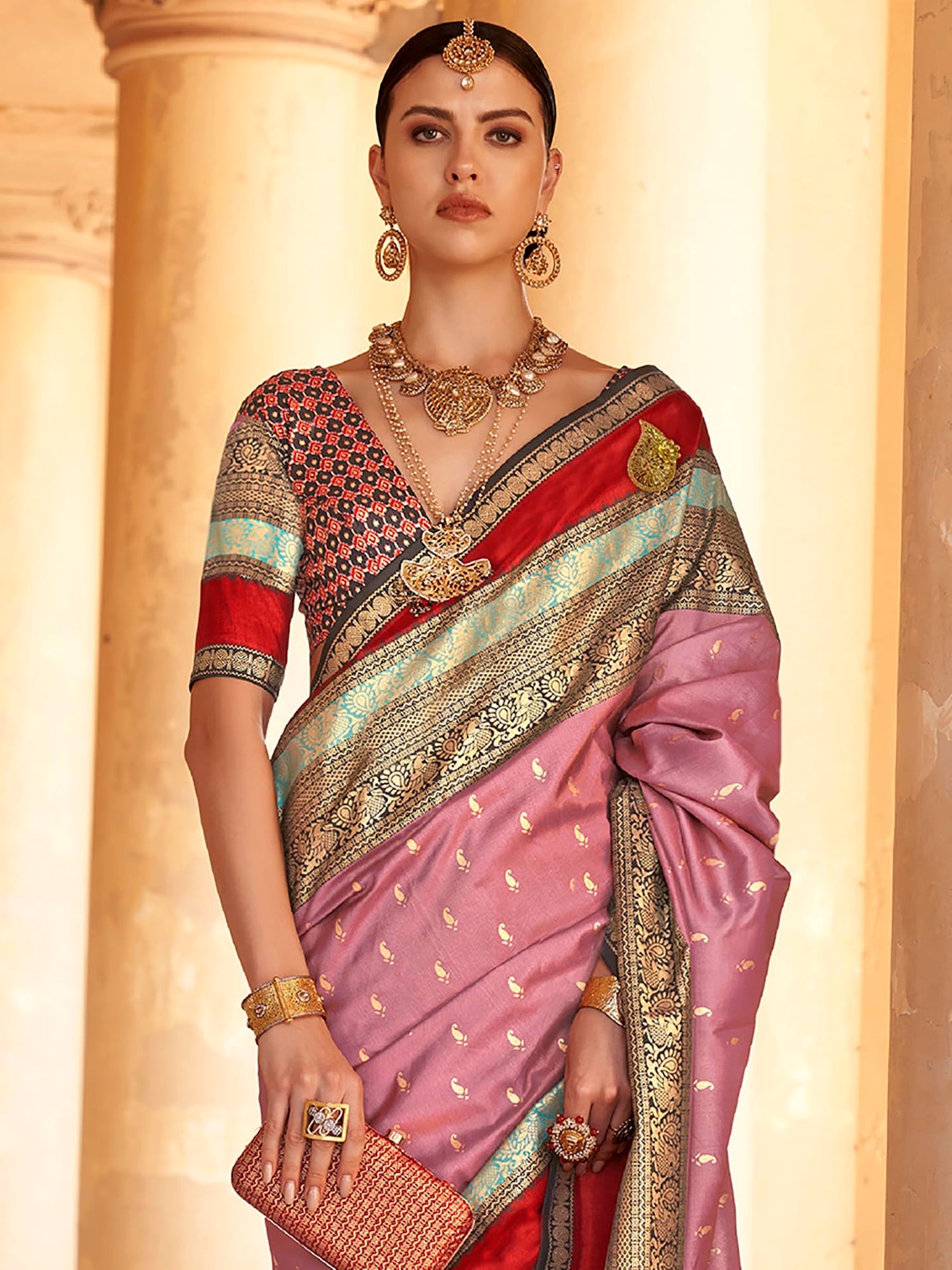 SAREE MALL Women's Woven Design Peacock Print Silk Blend Saree with Unstitched Blouse Piece (Mauve_PRASANG770_RW)