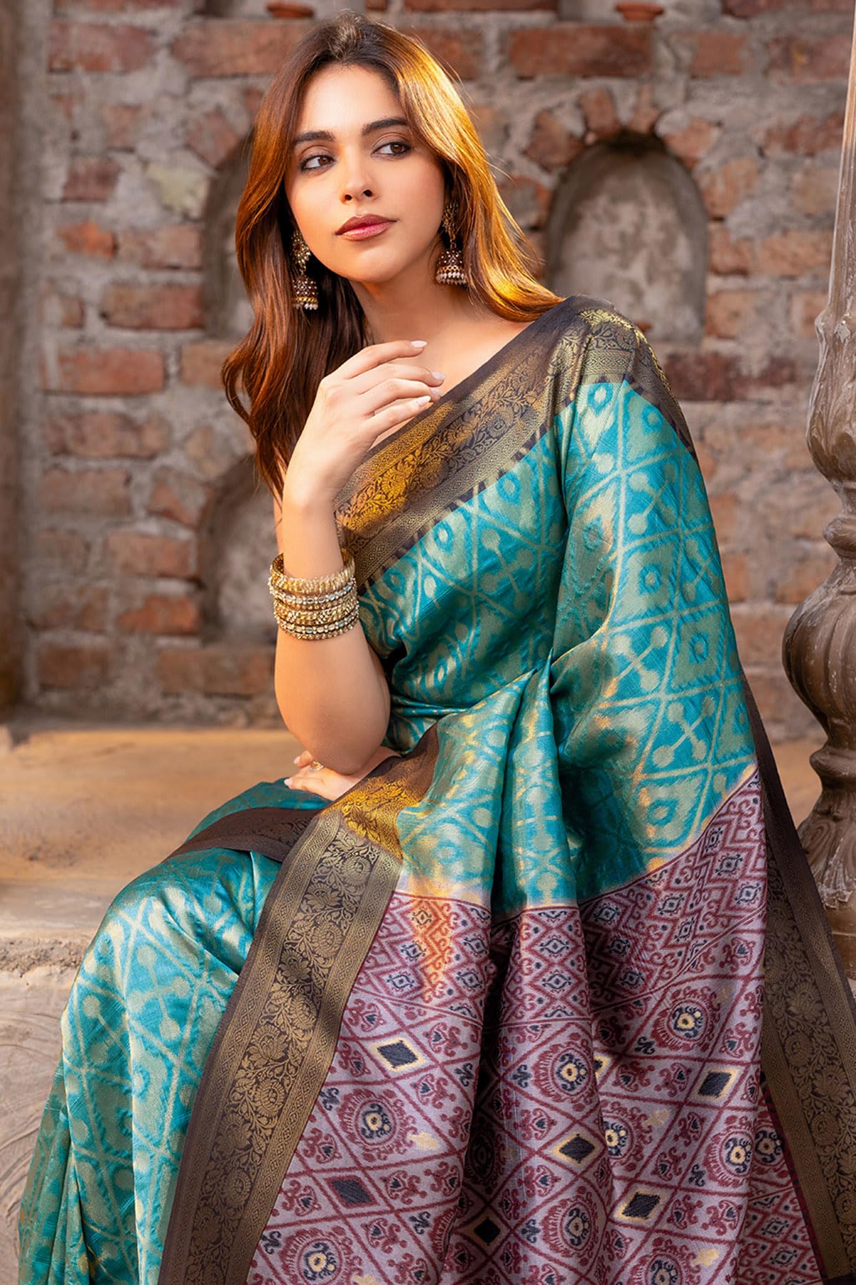 Soch Womens Turquoise Blue Tussar Zari Woven Saree