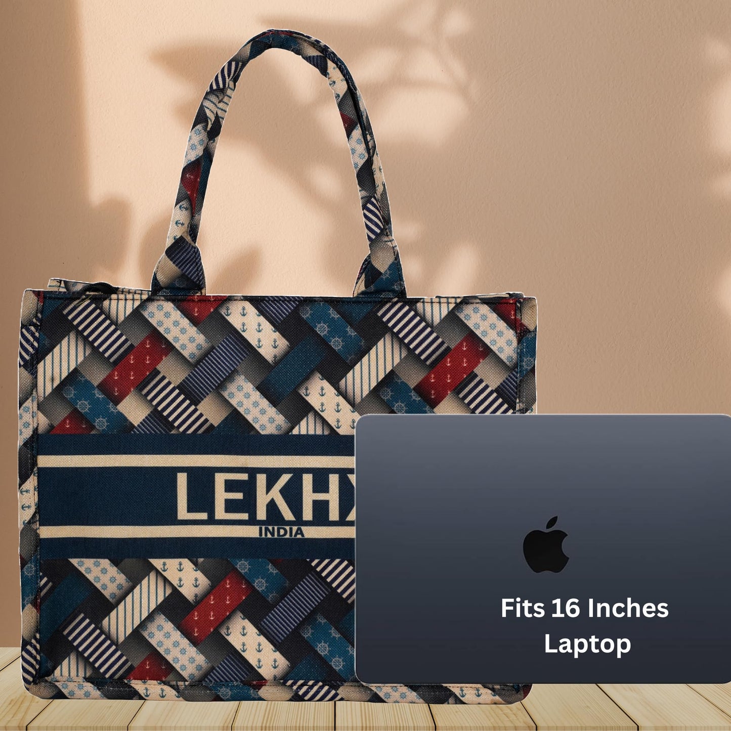 LX LEKHX Designer Tote Bag for Women | Premium Laminated Jute Canvas Handbag with Geometric Print | Stylish Spacious Office, College, Travel & Laptop Bag (Fits 16 Inch) (Multicolor-Blue)