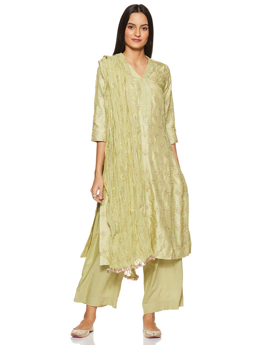 BIBA Women Synthetic Embroidery Straight Salwar Kurta Dupatta(Skd6643_Green_32)