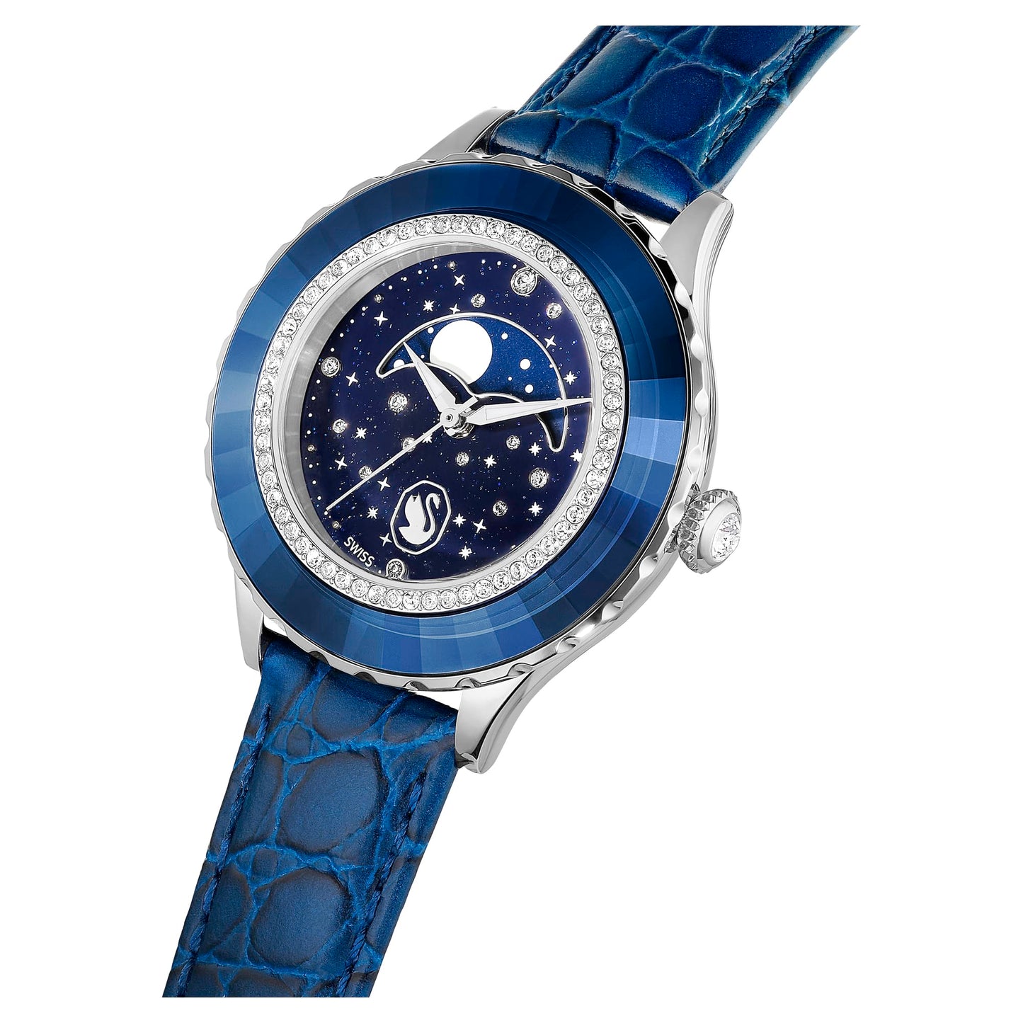 Swarovski Women's Octea Moon Analog Watch - Swiss Made, Blue Leather Strap, Blue Dial and Finish, One Size