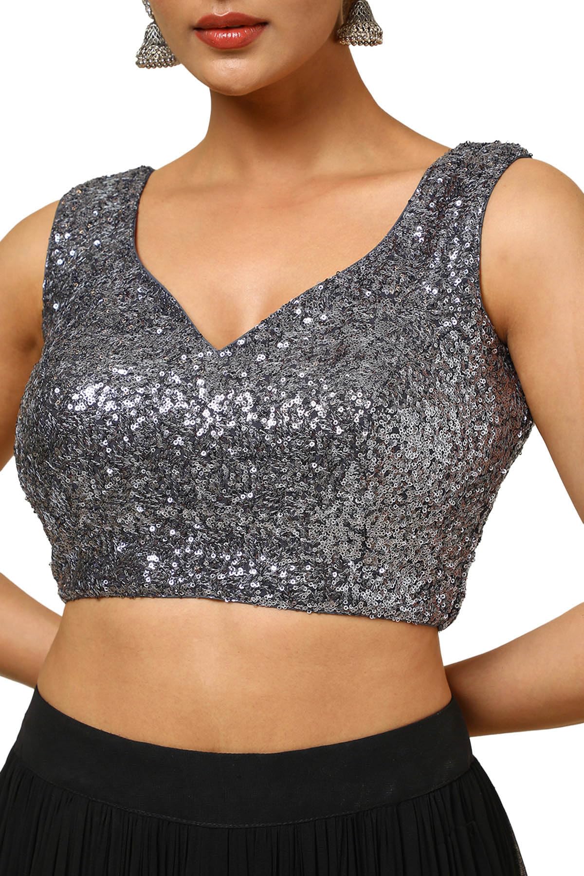 Soch Women's Georgette Embellished Sleeveless Regular Fit Blouse (BLHSSEQ00623_Grey 38)