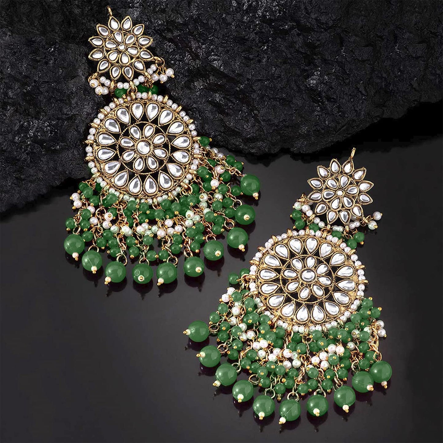 Peora Traditional Gold-Plated Brass & Kundan Dangle Earrings For Women & Girls, Green