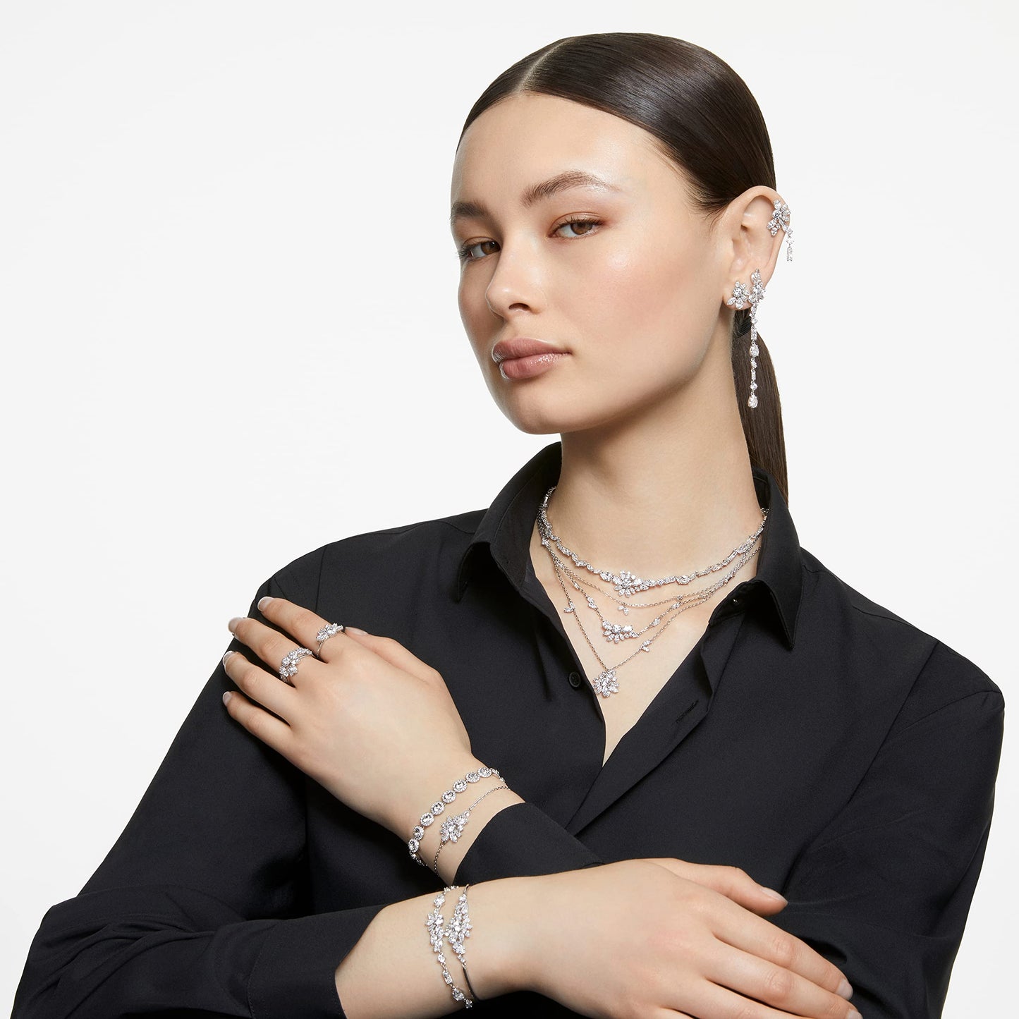 Swarovski Gema bracelet, Mixed cuts, Flower, White, Rhodium plated