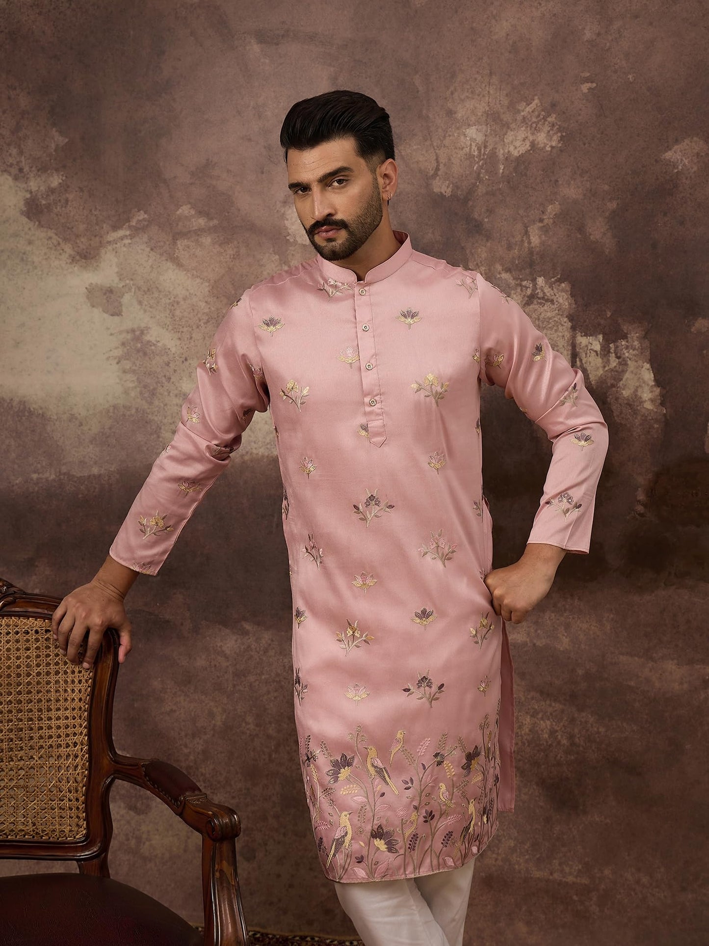 Ethnic Bay Men's Peach Silk Blend Solid Embroidered Calf Length Kurta's | Embroidered Kurta for Men | Straight Fit Kurtas for Mens (MKU1339, XL)