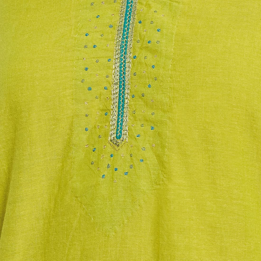 Fabindia Women Cotton Embroidered Long Kurta Green_XS
