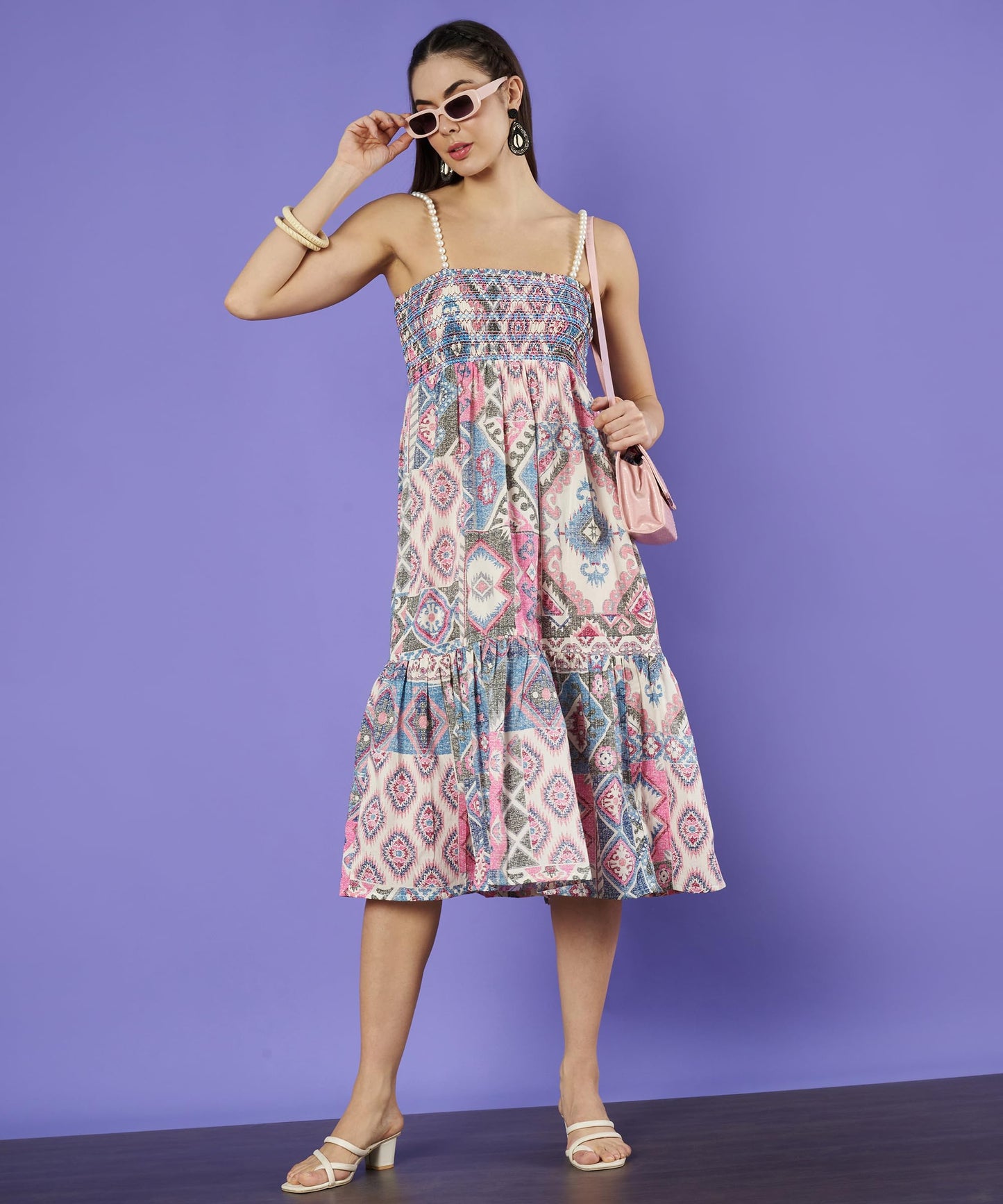 COTLAND Fashions Beaded Strap Smocked Sleeveless Cotton Dress for Women (Mystic Gleam)