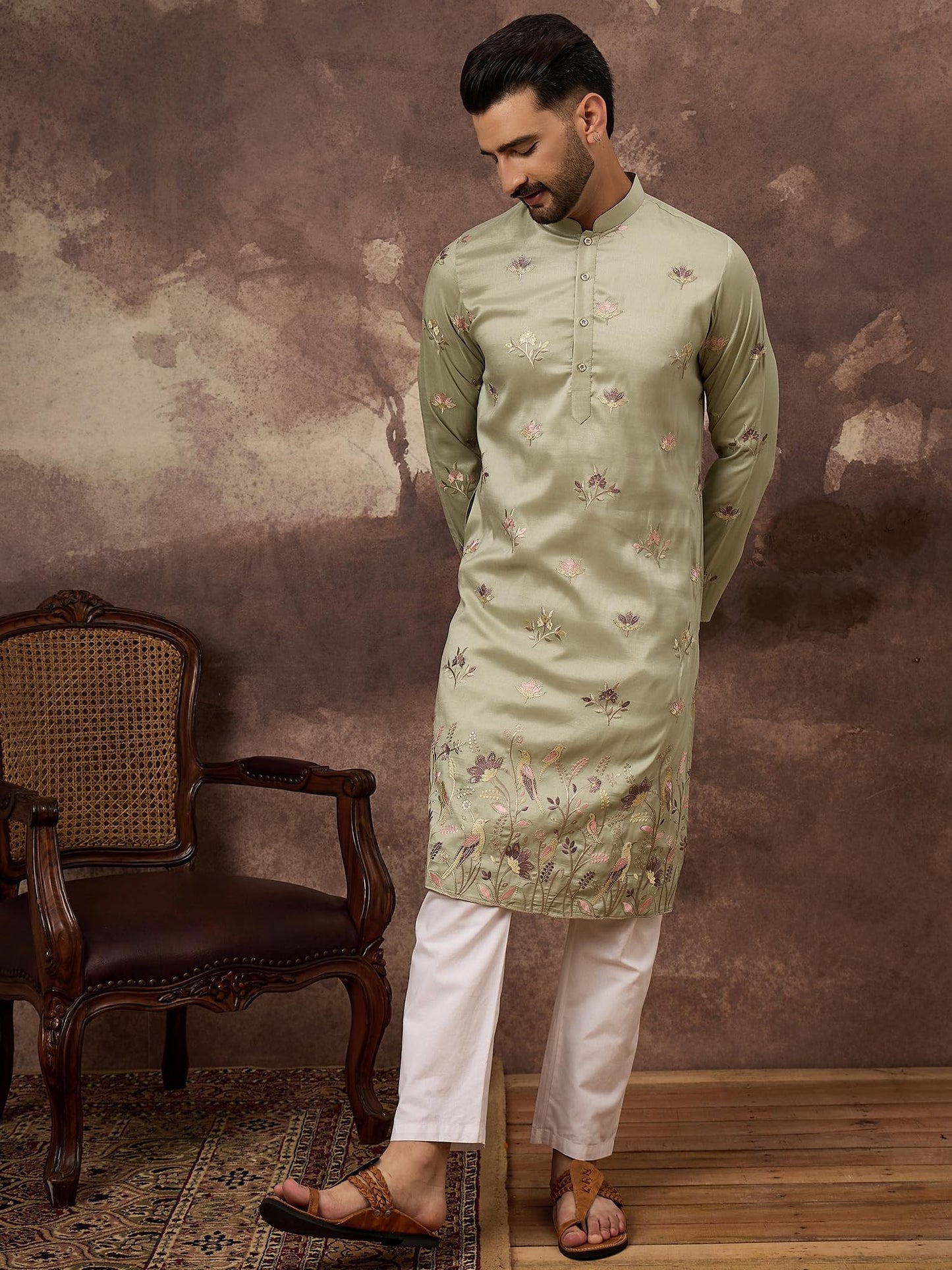 Ethnic Bay Men's Green Silk Blend Solid Embroidered Calf Length Kurta's | Embroidered Kurta for Men | Straight Fit Kurtas for Mens (MKU1341, M)
