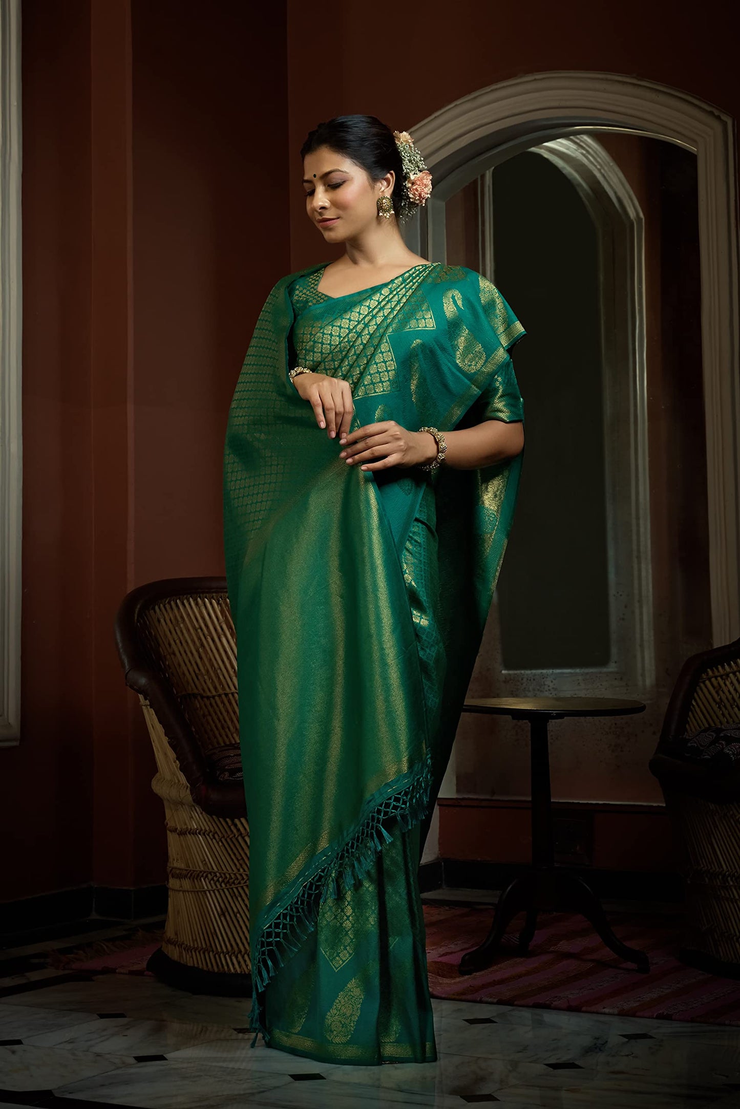 Vardha Women's Kanchipuram Art Saree (Mandakini Silk_Teal Green)
