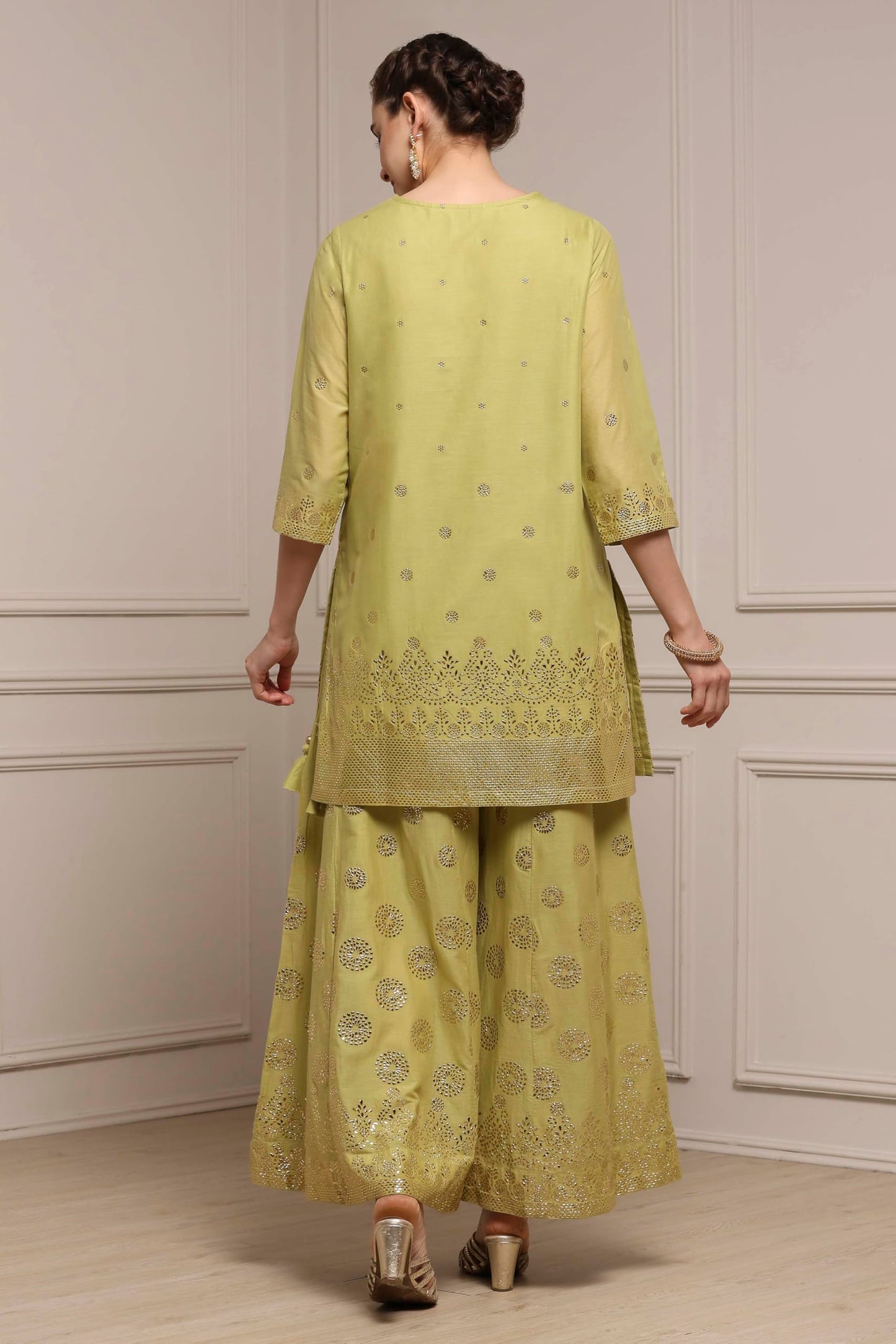 Biba Women Green Cotton Printed Sharara Suit Set_32