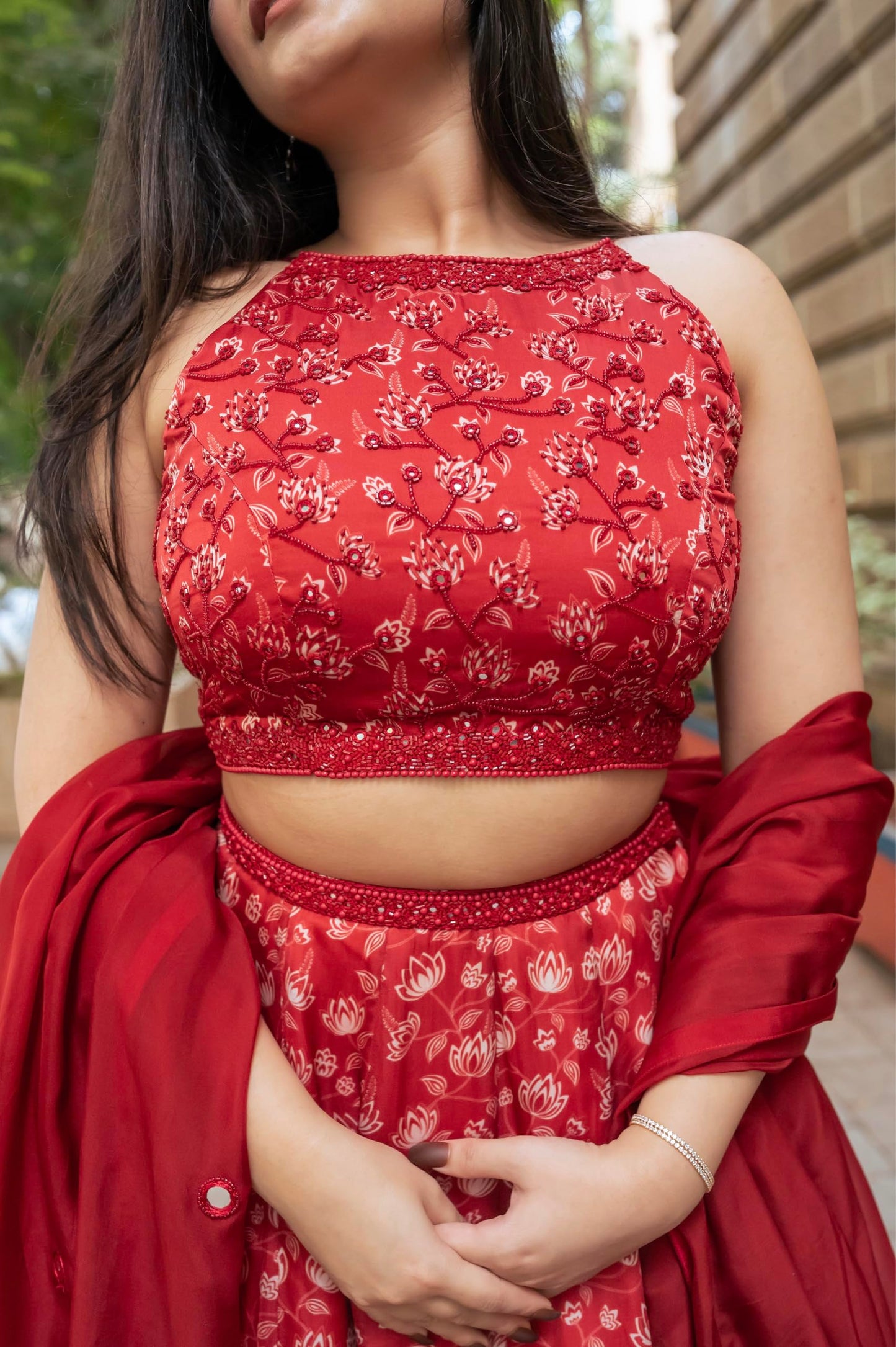 essaySumedha Agrawal Organza Satin Organza Santoon Floral Lehenga for Women (Size: 6XL, Rust)