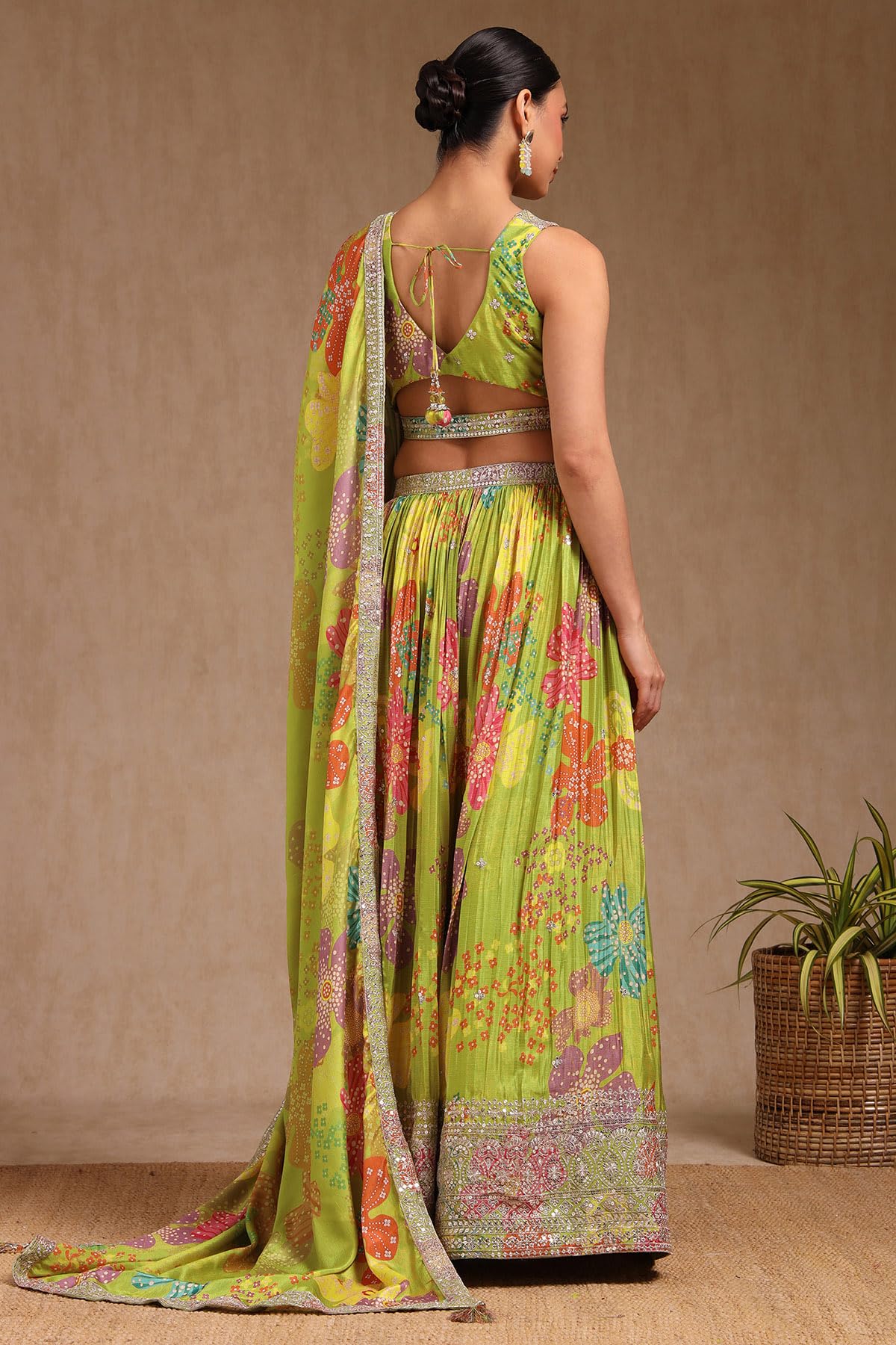 Soch Womens Light Green Chinon Blend Floral Print Lehenga Choli With Sequins