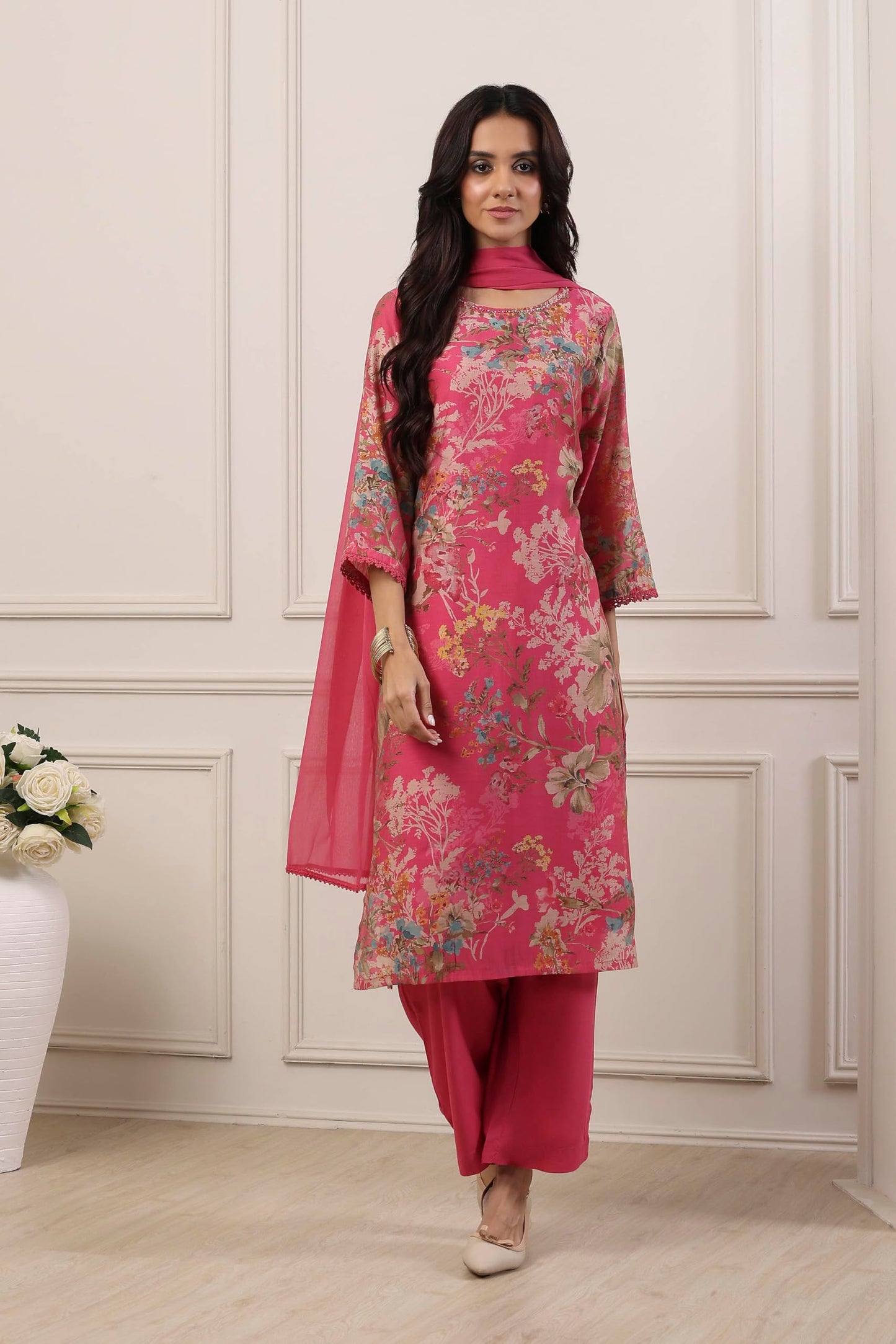 Biba Women Pink Cotton Blend Straight Suit Set_34