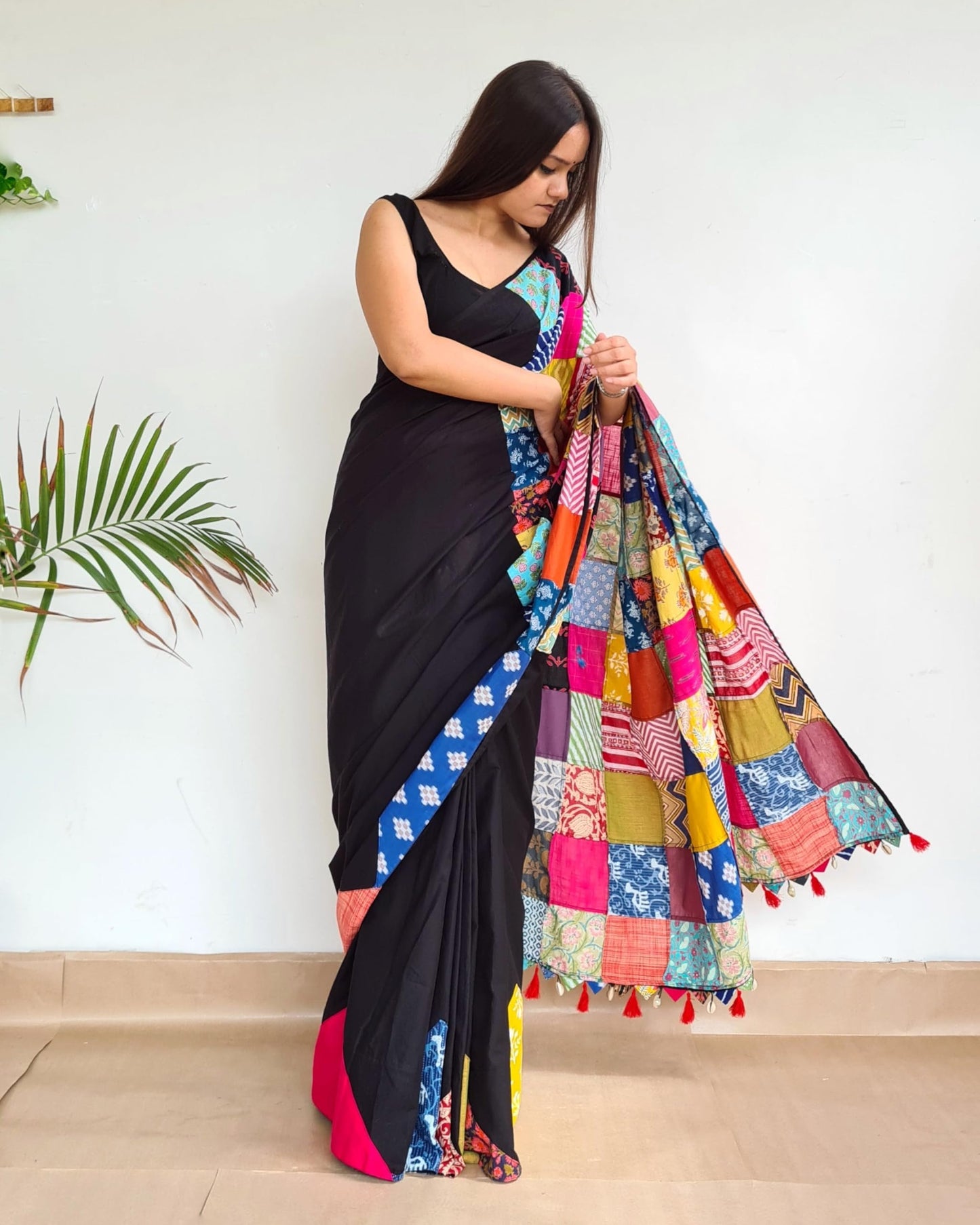 Save As Womens Saree Black - Unique 100% Cotton Reclaimed Fabric Saree Without Blouse