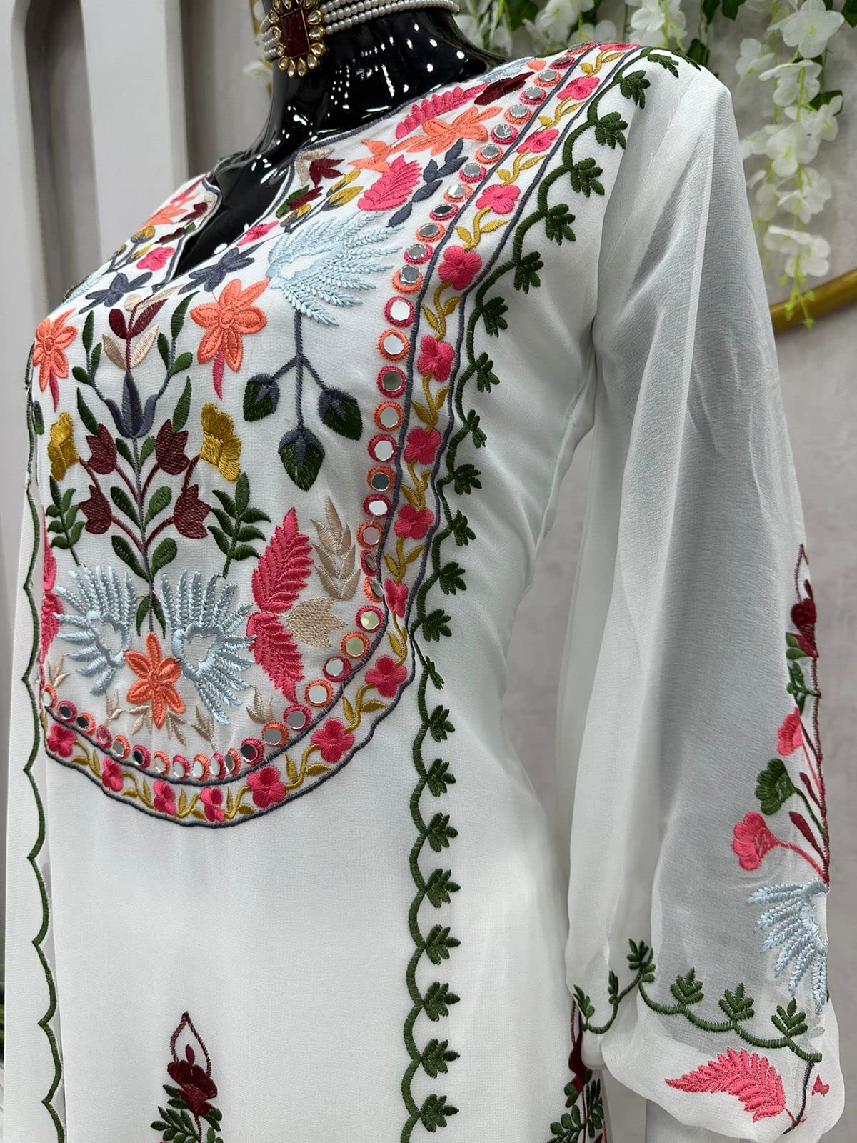 YAZU Women's Georgette Hand Embroidered White Kurta Set with Dupatta | Readymade Kurta with Palazzo Set (Large, White)