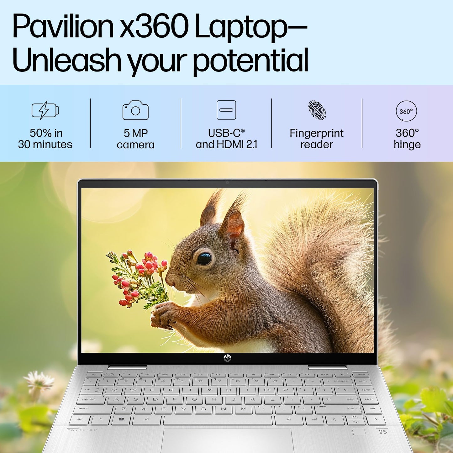 HP Pavilion x360, 13th Gen Intel Core i5-1335U Laptop (16GB DDR4, 512GB SSD) Touchscreen, 14"/35.6cm, FHD, Win 11, Office 21, Silver, 1.51kg, Iris Xe, FPR, 5MP Camera, Backlit KB, Pen, ek1074TU