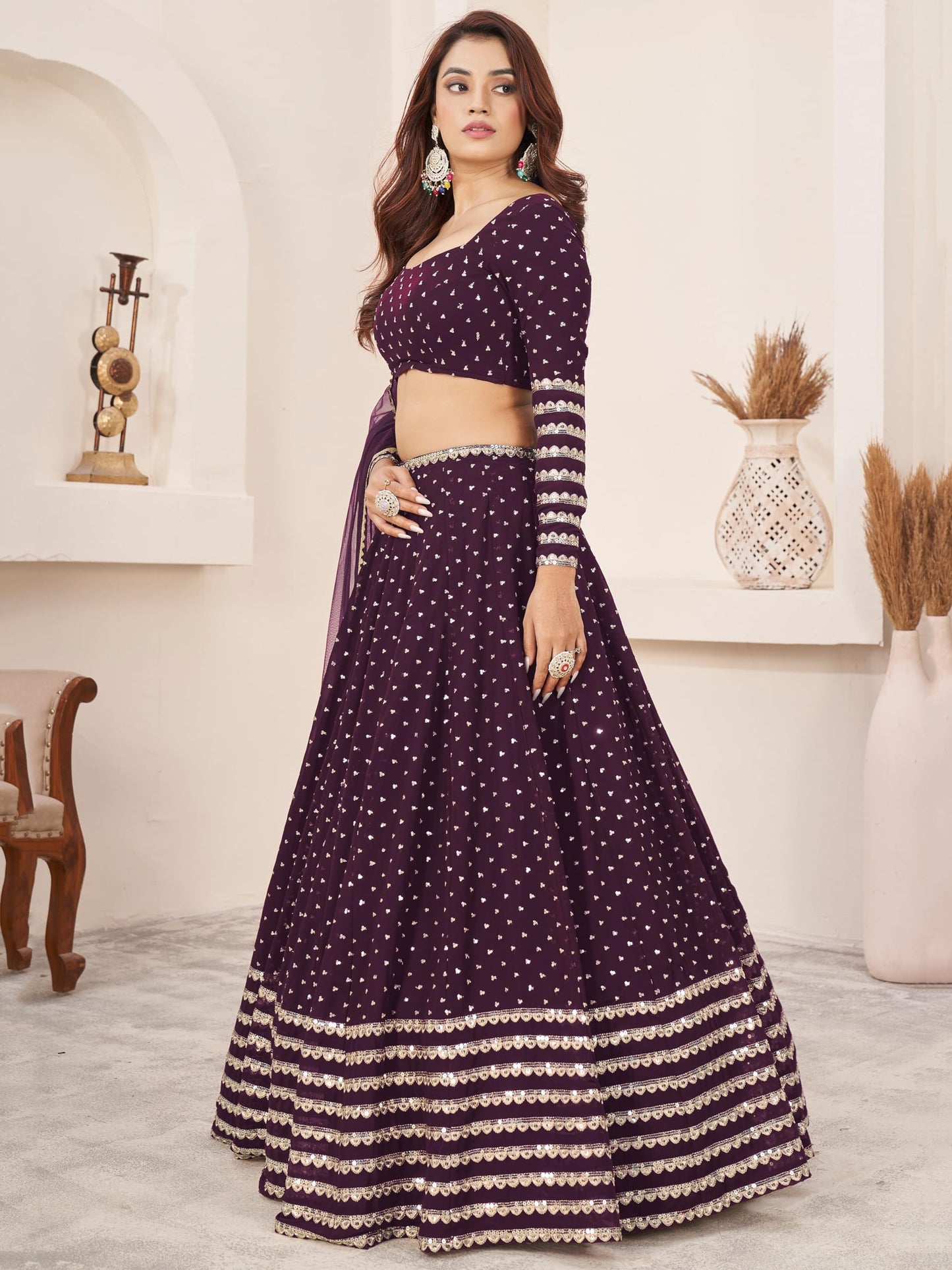 Zeel Clothing Women Sequins Zari Embroidered Georgette Semi-stitched Lehenga Choli With Dupatta (5074-Purple-Wedding-Lehenga-Choli-Latest; Free Size)