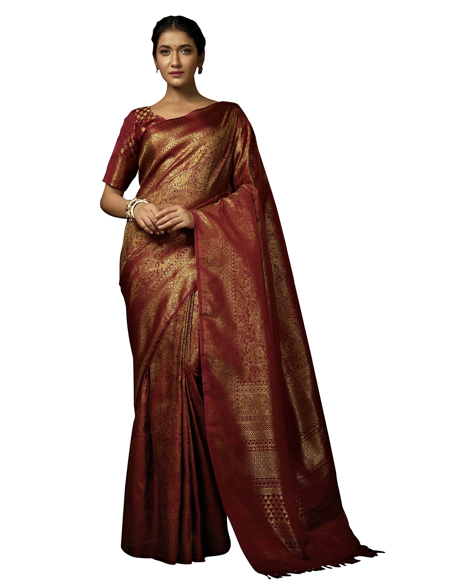 Vardha Women's Kanchipuram Art Silk Saree with Unstitched Blouse Piece - Zari Woven Work Sarees for Wedding (Asya Silk, 393, Maroon)